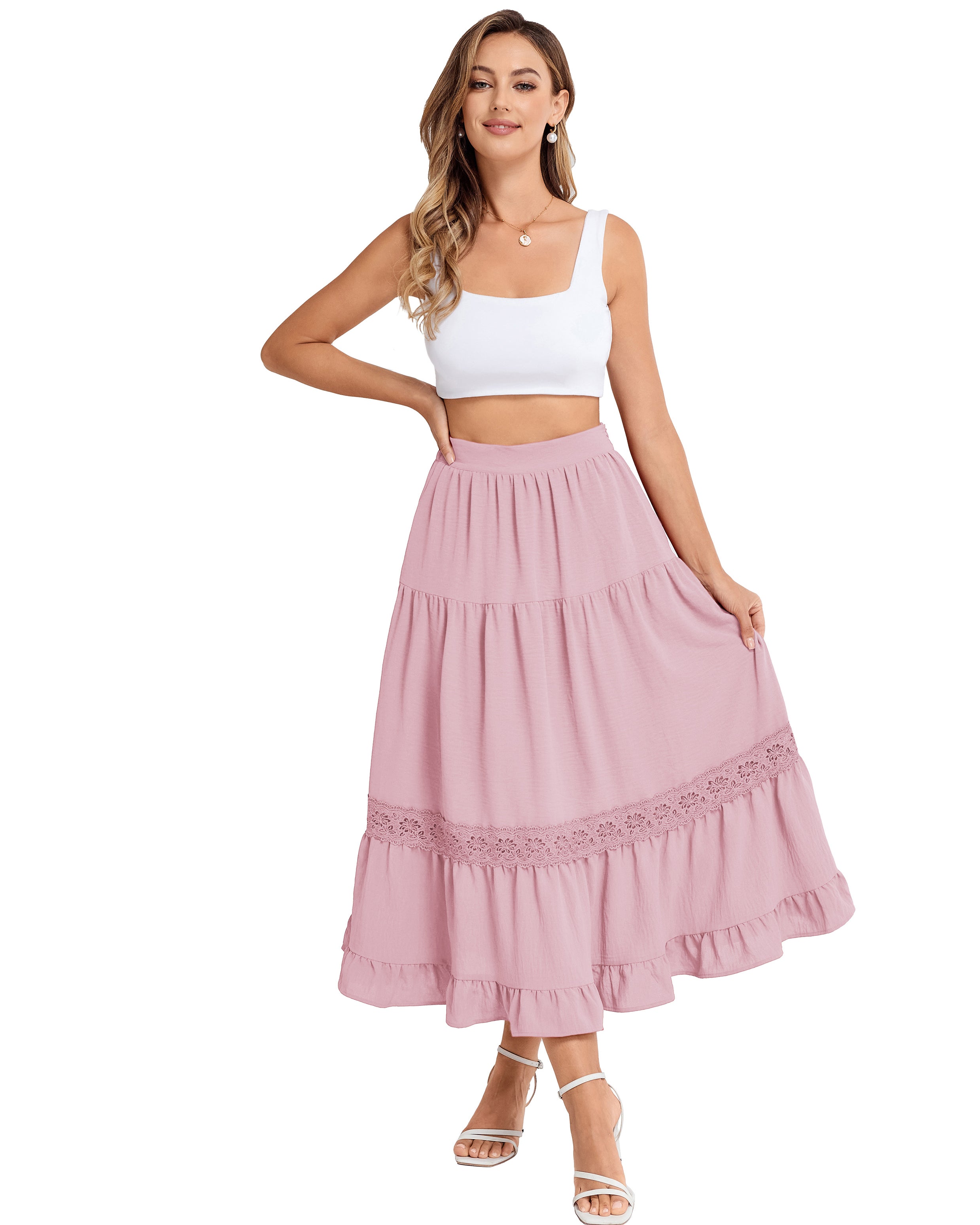 belle poque Women's Midi Skirt Boho Flowy Aline Ruffle Lace Tiered Skirt with Pockets 2025