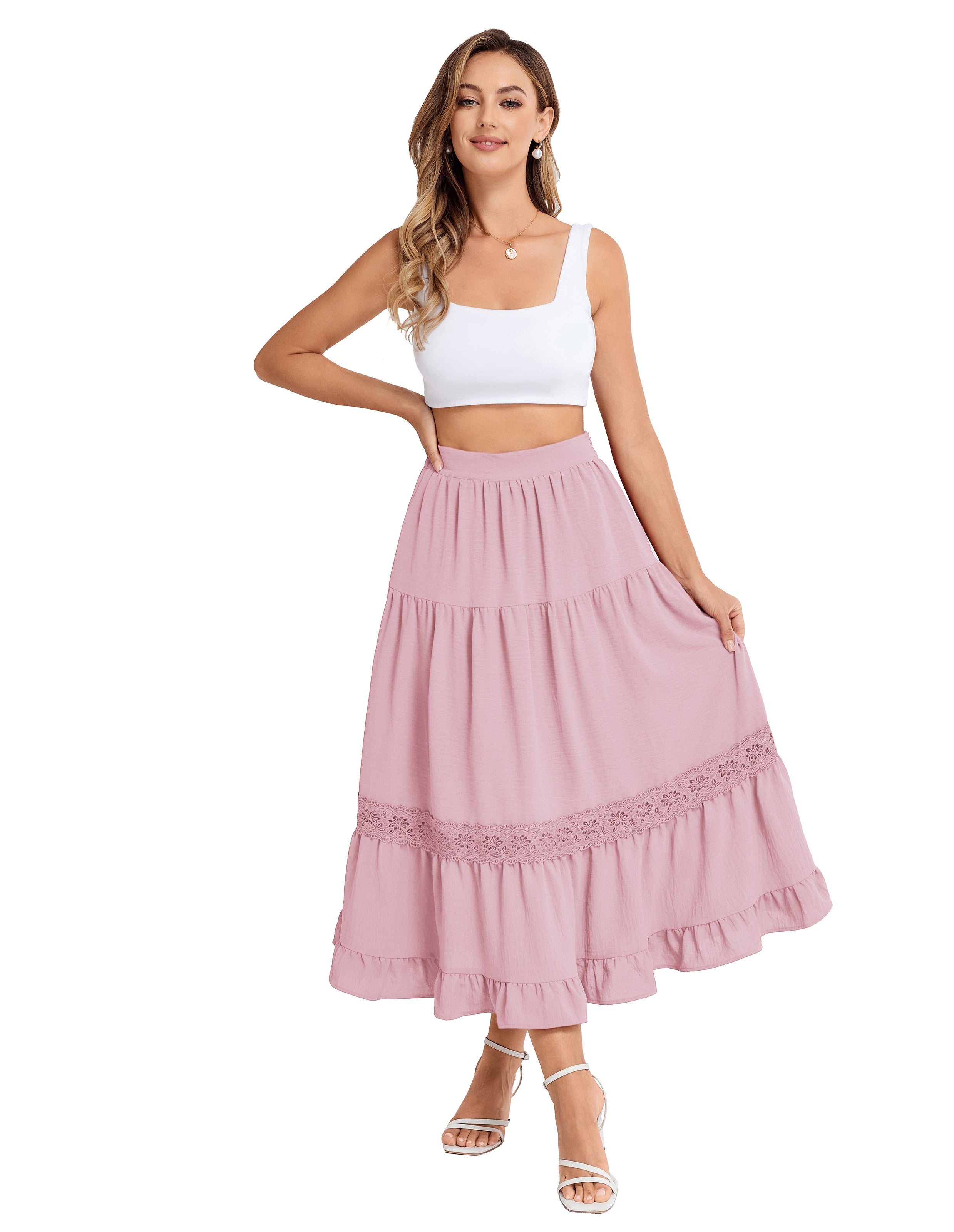 belle poque Women Vintage Tiered Swing Skirt Elastic Waist Ruffled Hem Mid-Calf Skirt