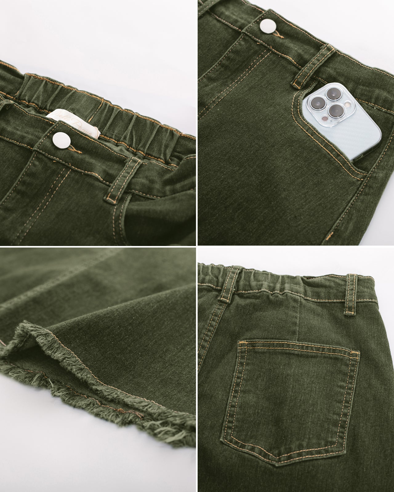 belle poque Multi-Pocket Jean Skirt Elastic High Waist Raw Hem Midi A-Line Skirt