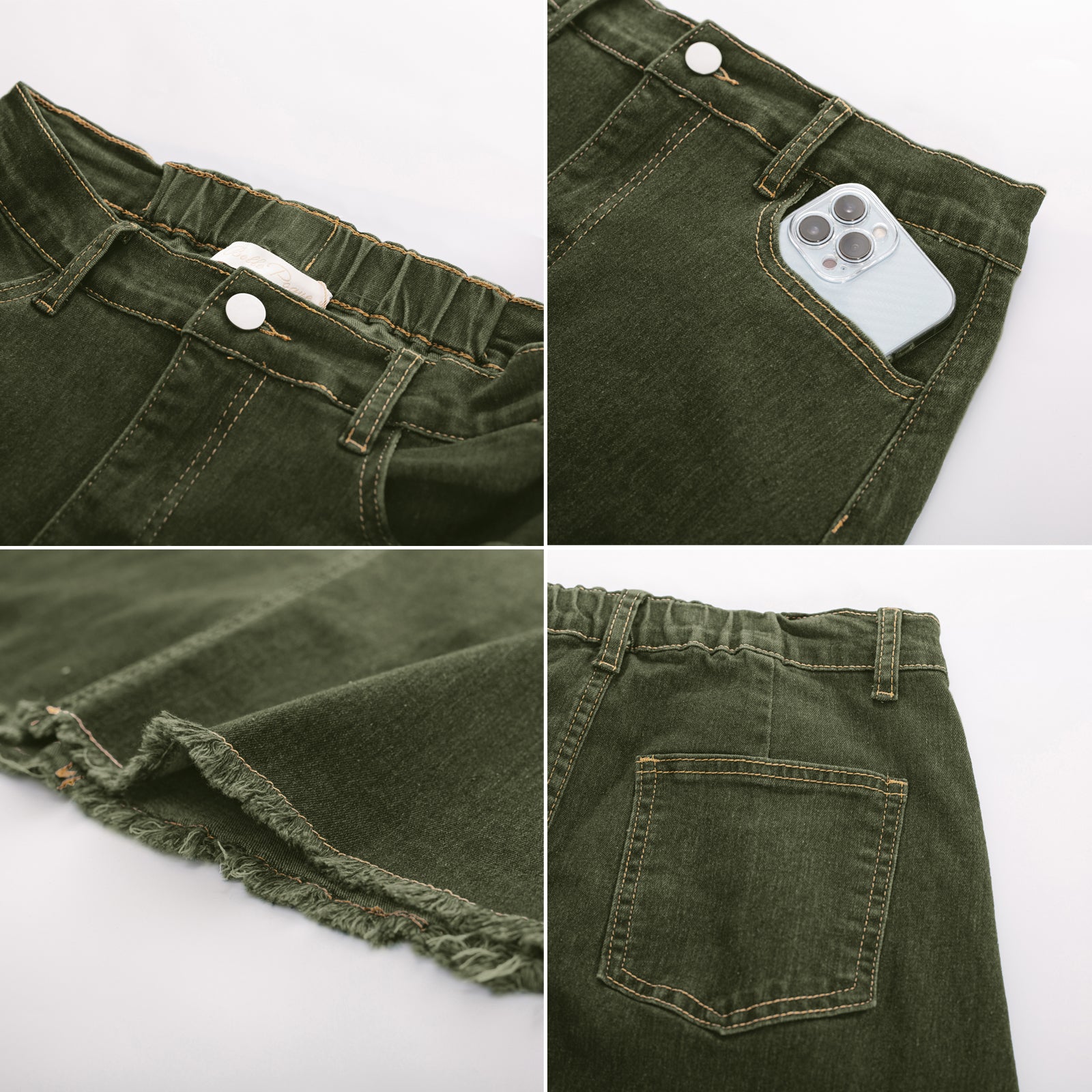 belle poque Multi-Pocket Jean Skirt Elastic High Waist Raw Hem Midi A-Line Skirt