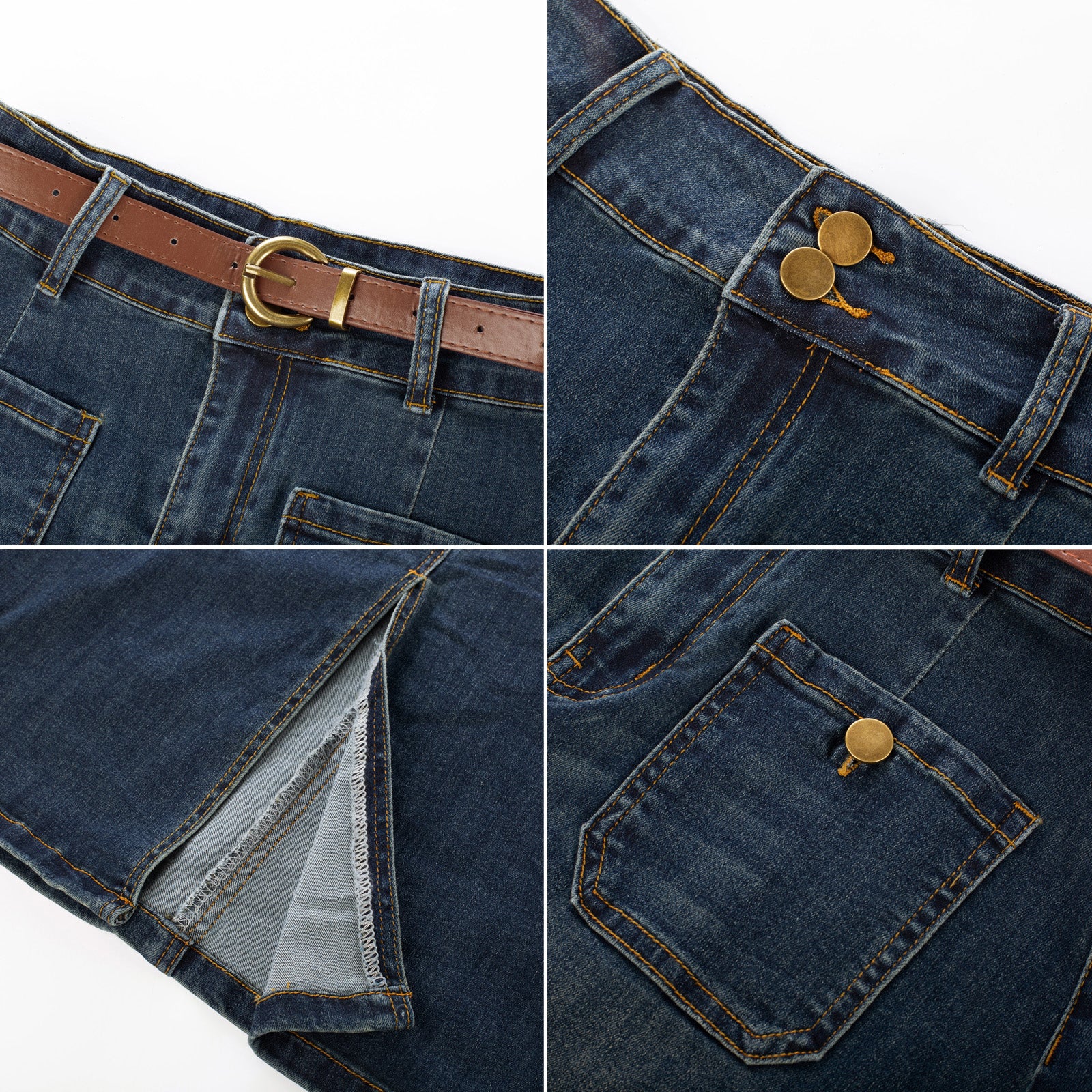 belle poque Denim Skirt with Belt Knee Length High Waisted Jean Skirts for Women