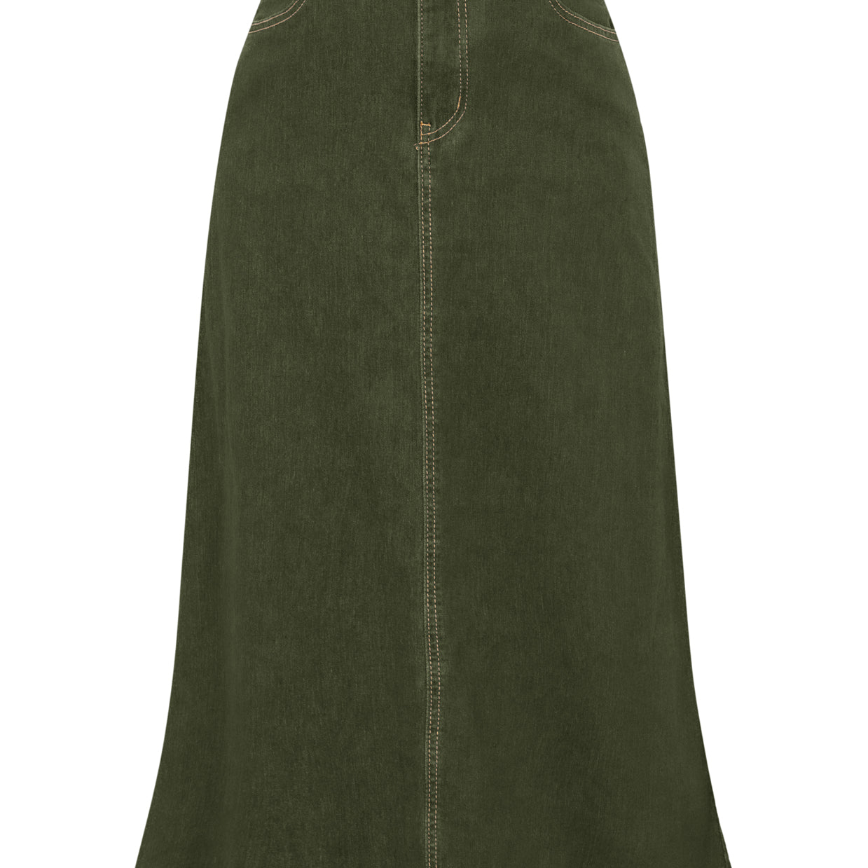 belle poque Multi-Pocket Jean Skirt Elastic High Waist Raw Hem Midi A-Line Skirt Green