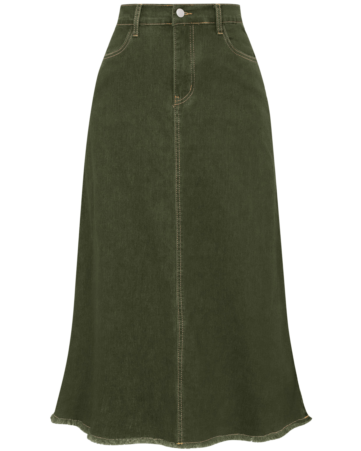 belle poque Multi-Pocket Jean Skirt Elastic High Waist Raw Hem Midi A-Line Skirt Green