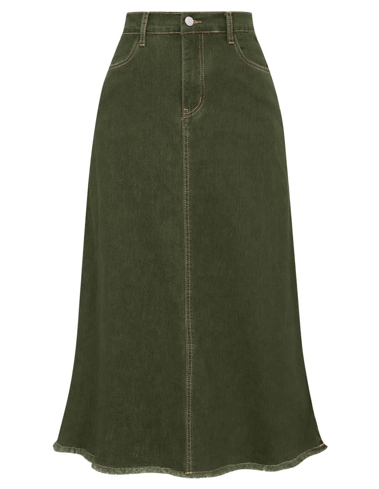 belle poque Multi-Pocket Jean Skirt Elastic High Waist Raw Hem Midi A-Line Skirt Green