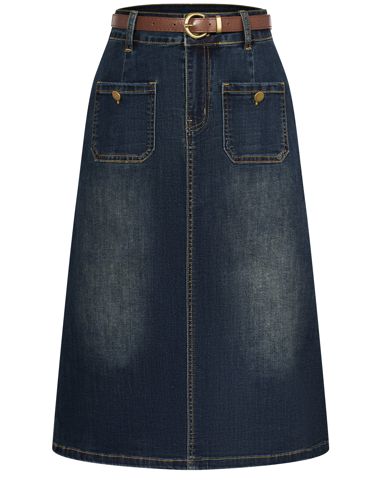 belle poque Denim Skirt with Belt Knee Length High Waisted Jean Skirts for Women Black2