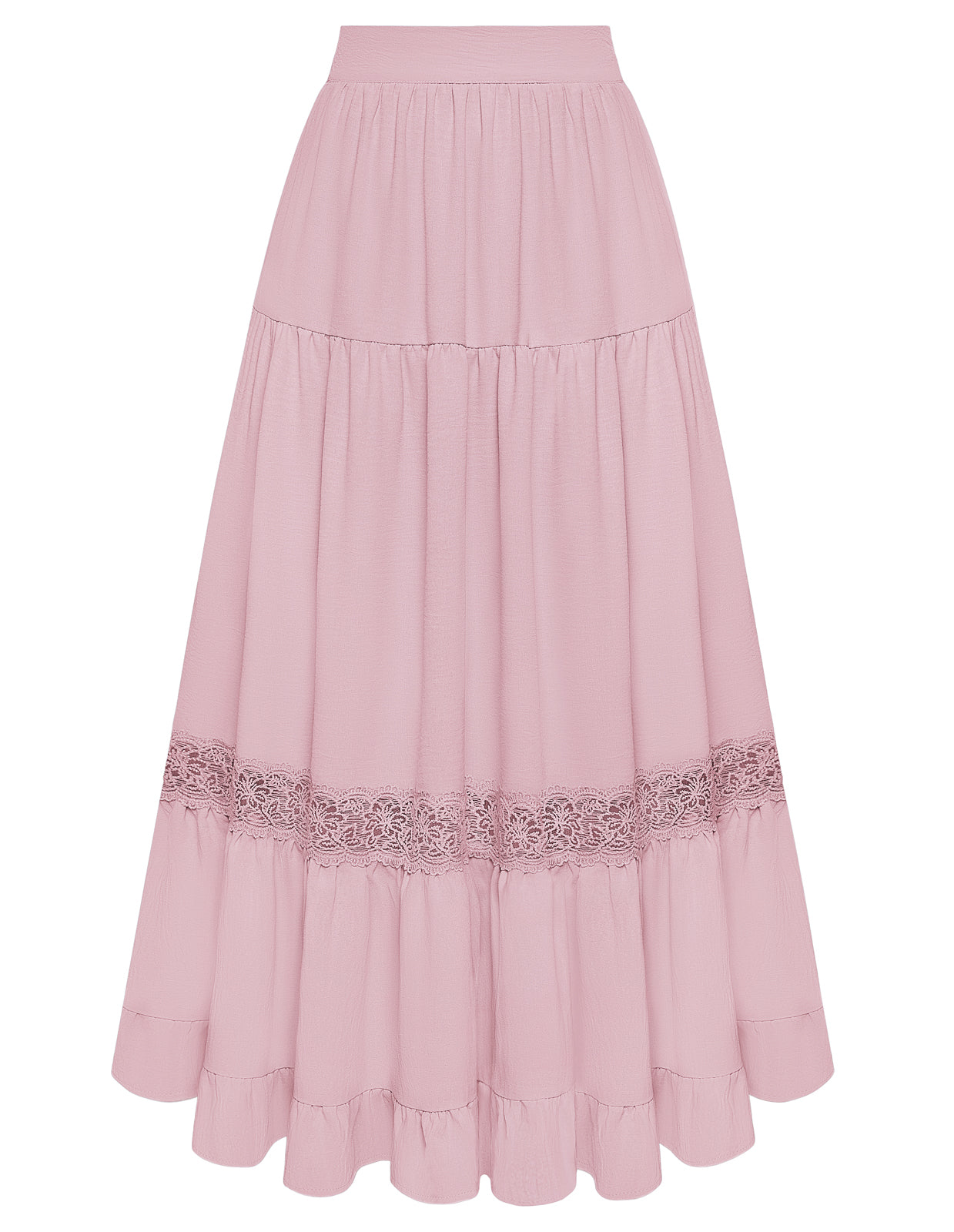 belle poque Women Vintage Tiered Swing Skirt Elastic Waist Ruffled Hem Mid-Calf Skirt Pink