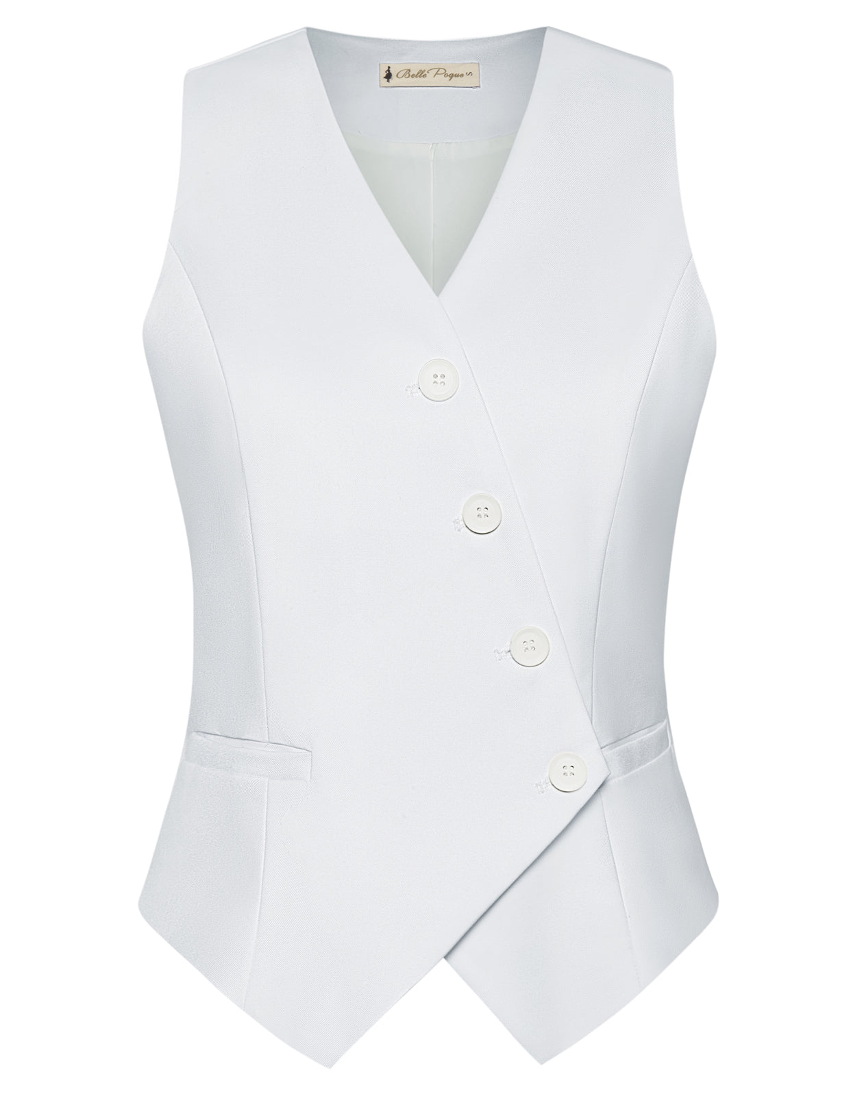 belle poque Vintage Oblique Placket Vest Coat V-Neck Handkerchief Hem Waistcoat White
