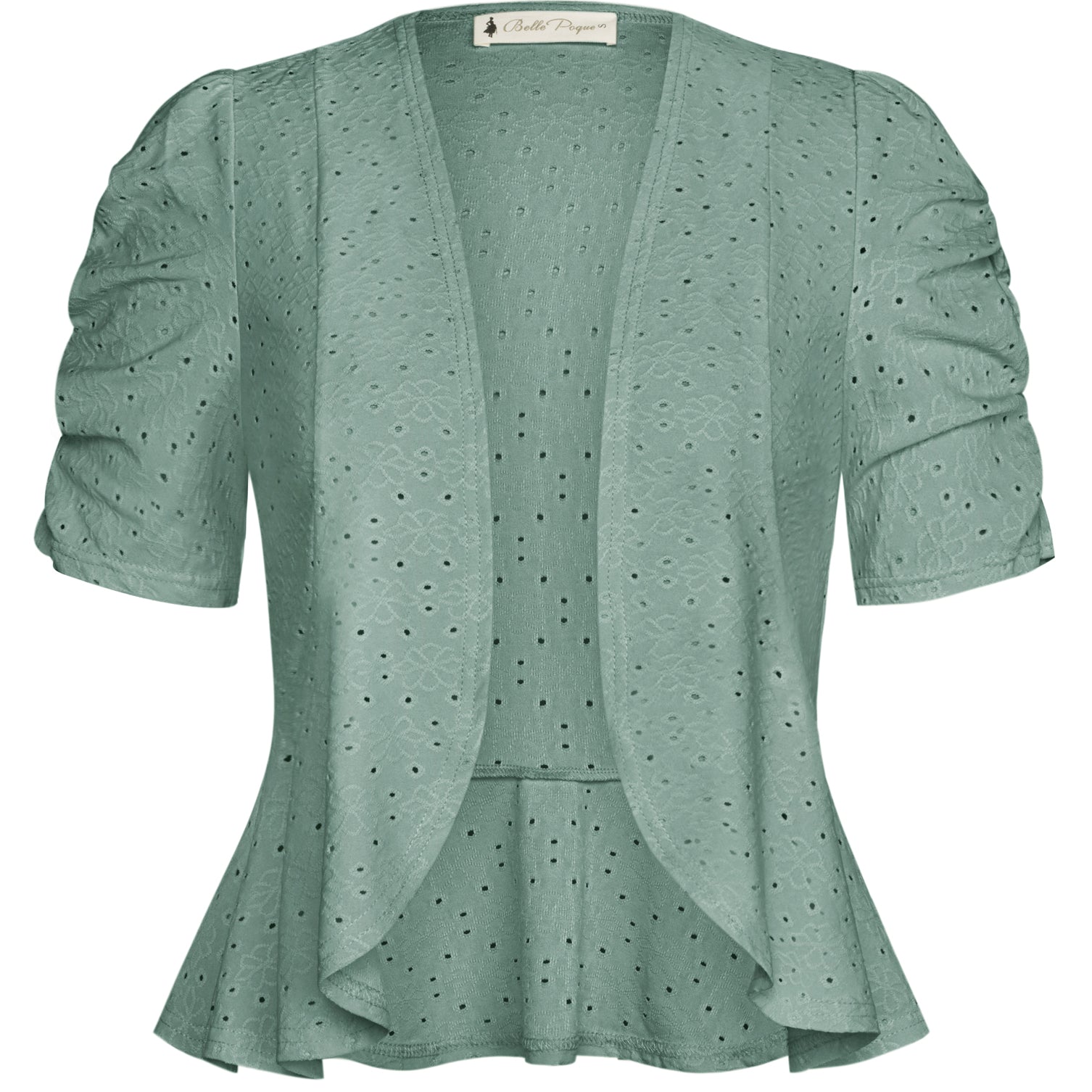 belle poque Women Vintage Hollowed-out Shrug Ruched Short Sleeve Open Front Tops Green