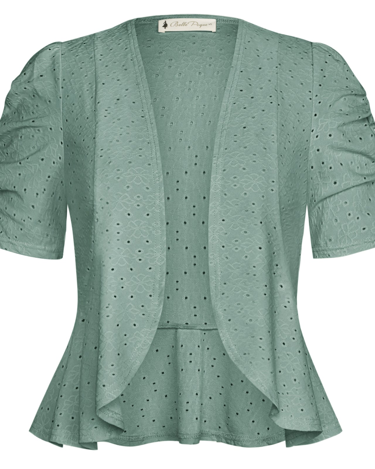 belle poque Women Vintage Hollowed-out Shrug Ruched Short Sleeve Open Front Tops Green