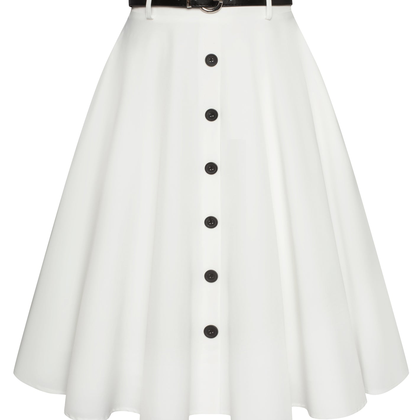 belle poque Swing Skirt with Belt Elastic High Waist Buttons Decorated Skirt White