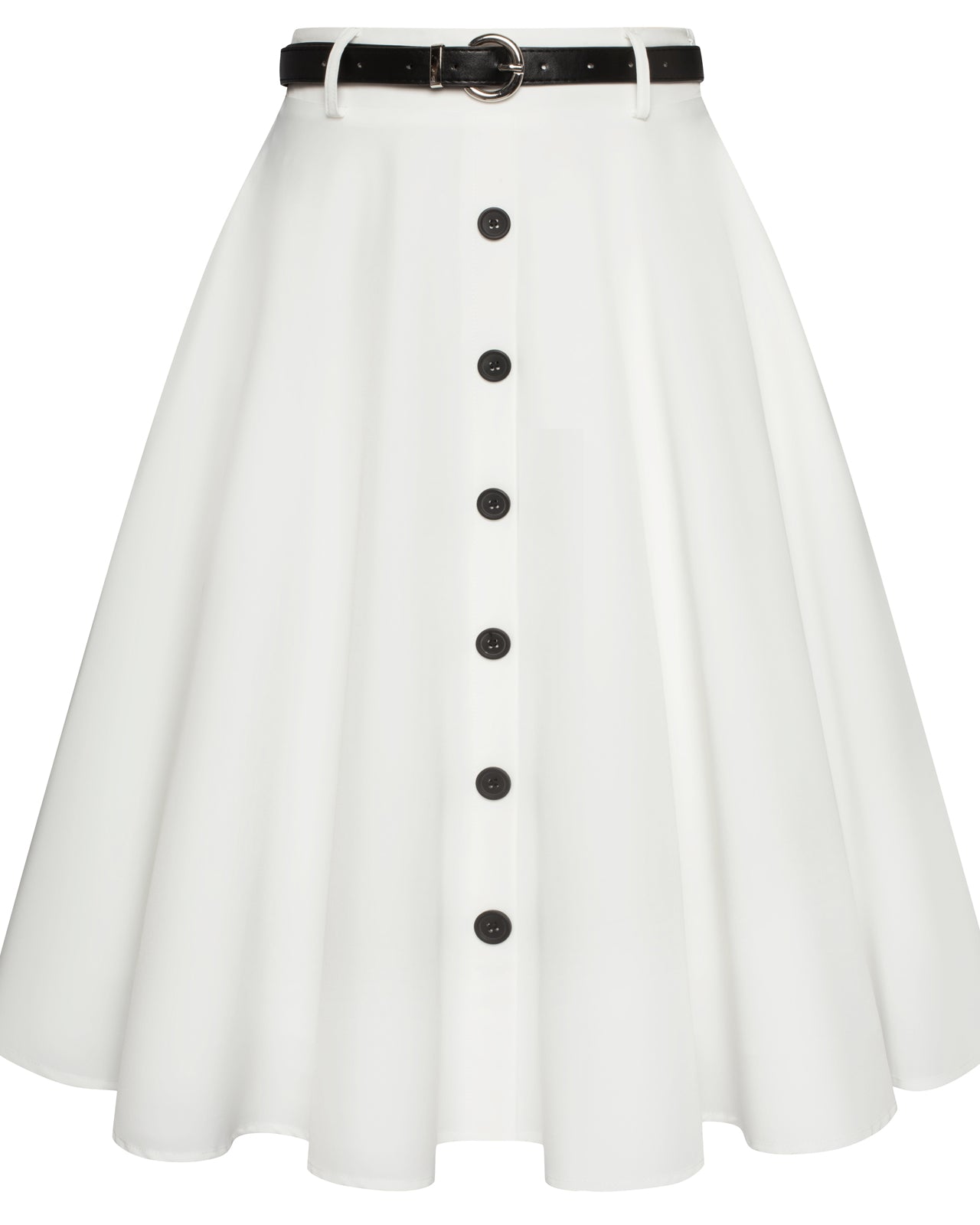 belle poque Swing Skirt with Belt Elastic High Waist Buttons Decorated Skirt White