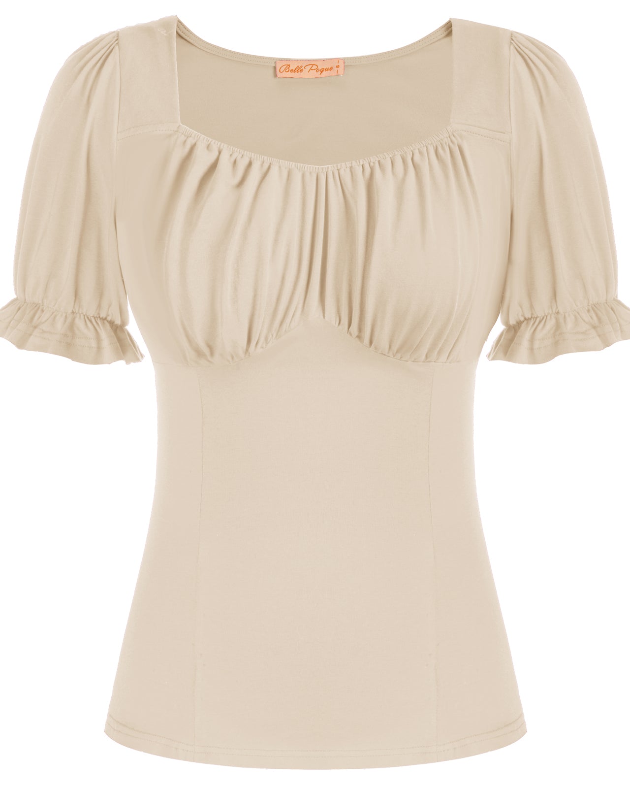 belle poque Solid Color Cotton Tops Slim Fit Puffed Short Sleeve Ruched Tops