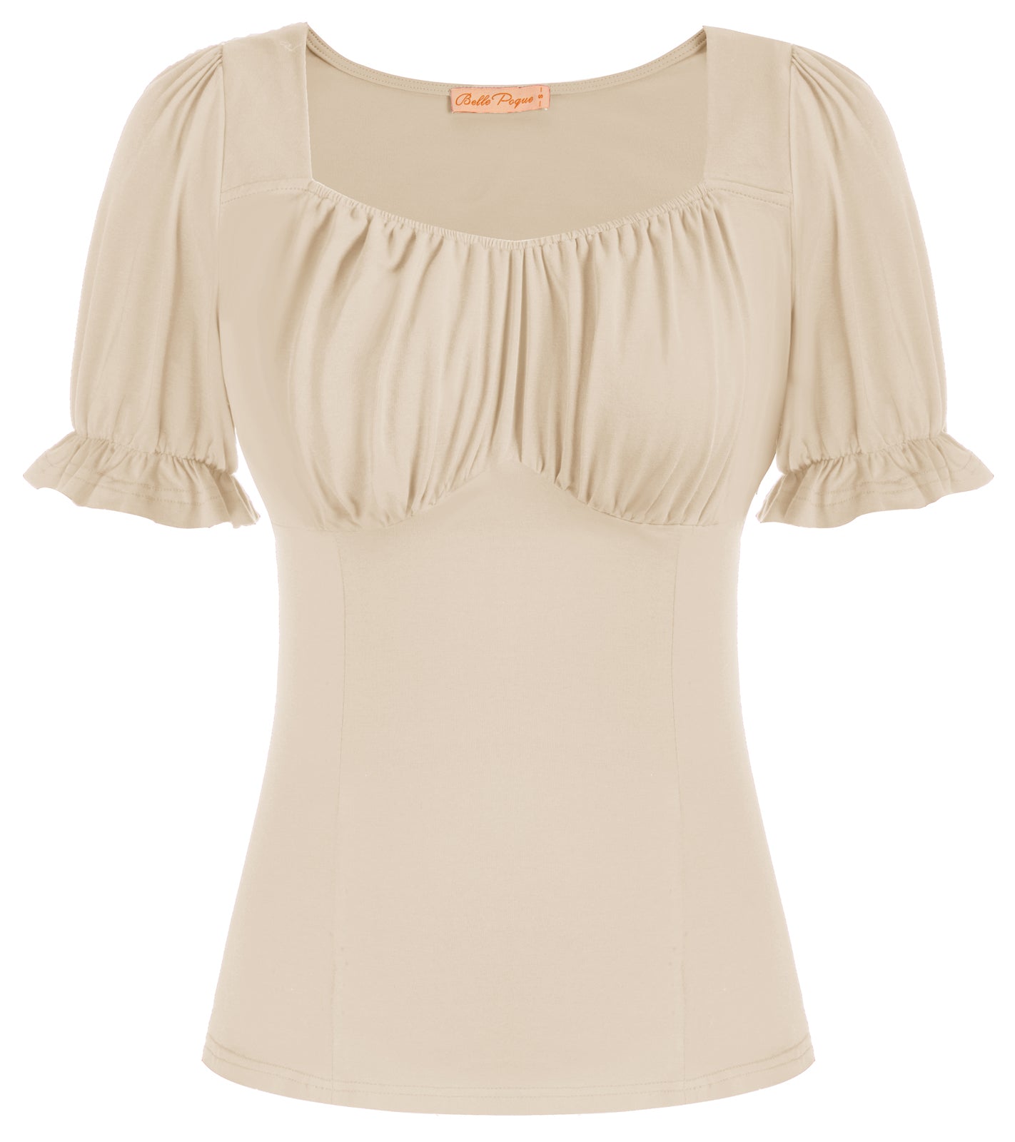 belle poque Solid Color Cotton Tops Slim Fit Puffed Short Sleeve Ruched Tops