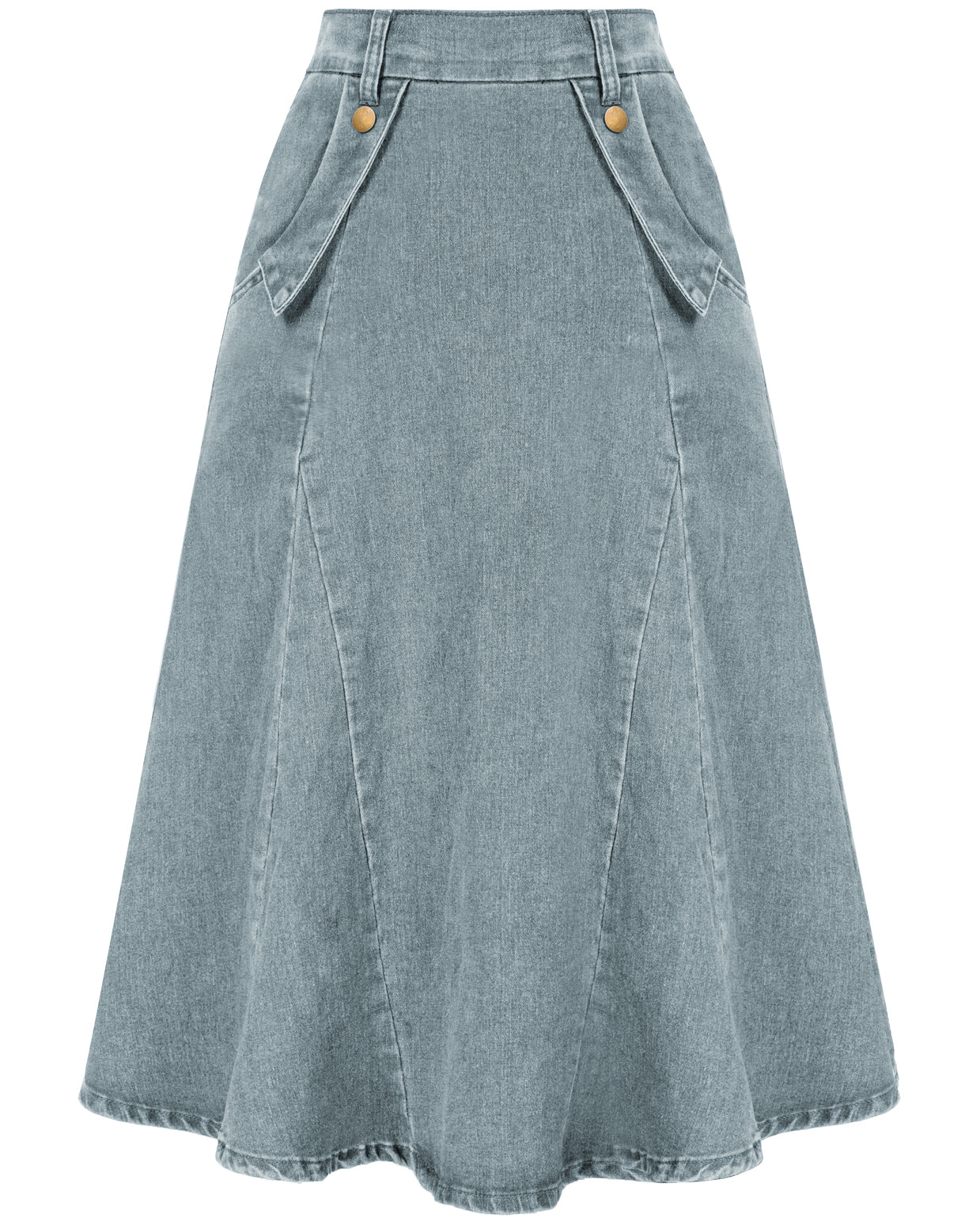 belle poque Denim Skirts Knee Length Vintage Elastic High Waist A-Line Midi Jean Skirts with Pockets Blue two