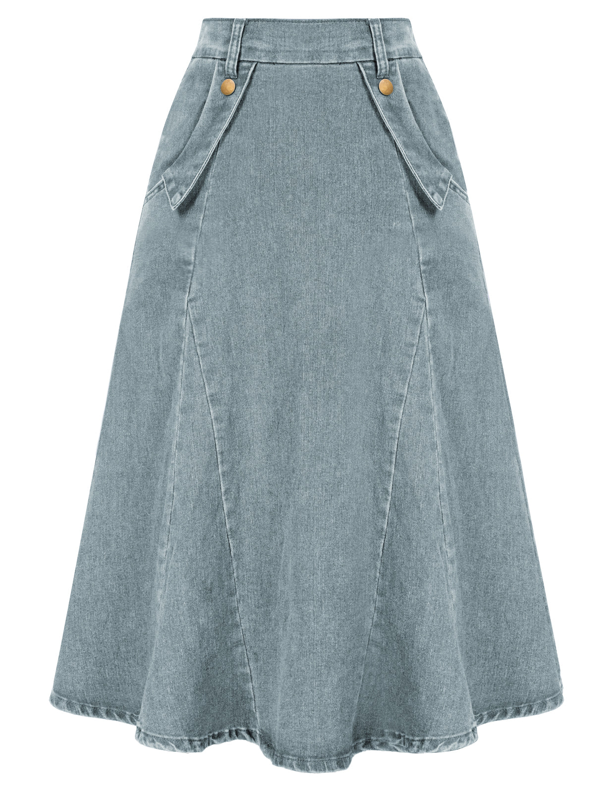 belle poque Denim Skirts Knee Length Vintage Elastic High Waist A-Line Midi Jean Skirts with Pockets Blue two