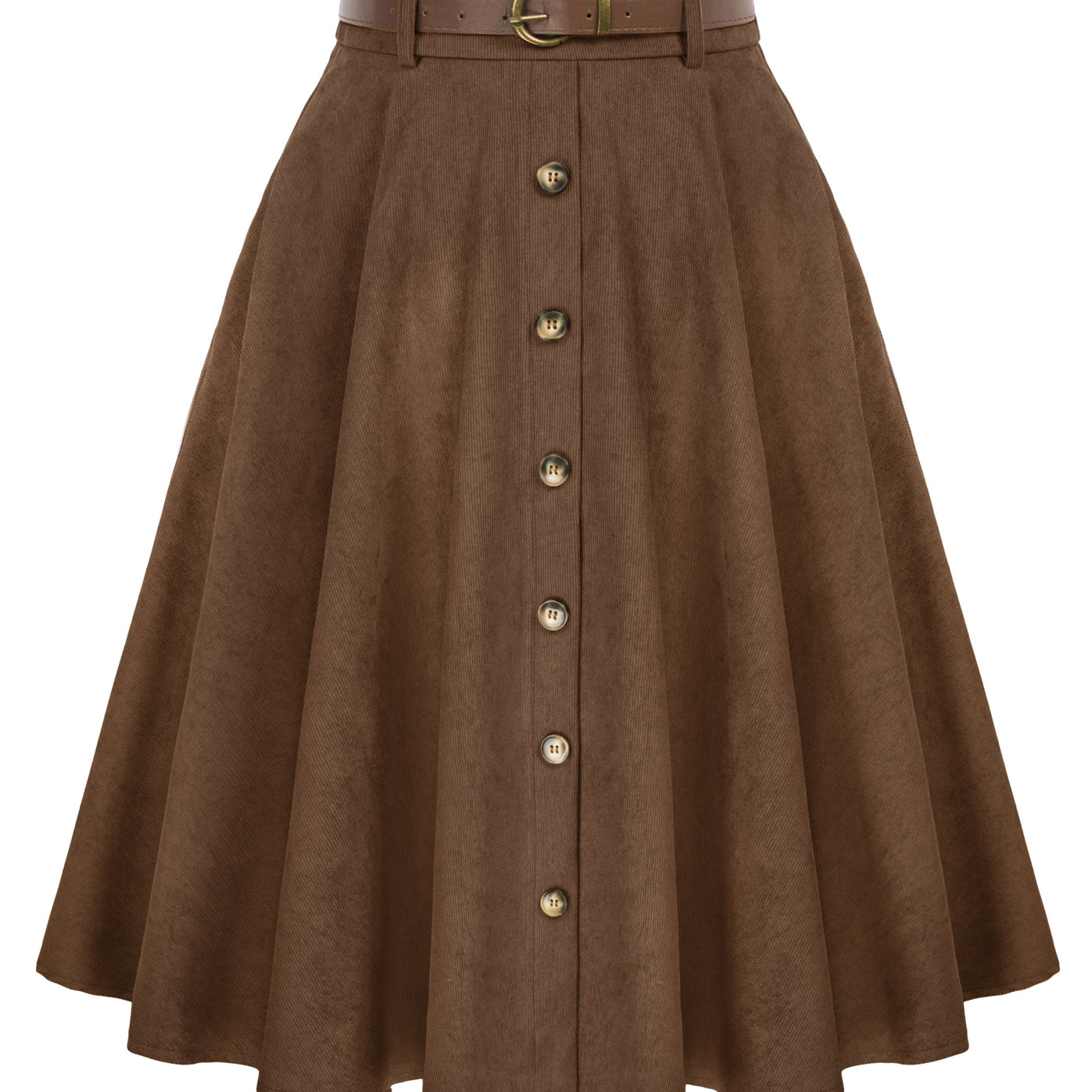 belle poque Corduroy Skirt with Belt Elastic High Waist Mid-Calf Swing Skirt Brown