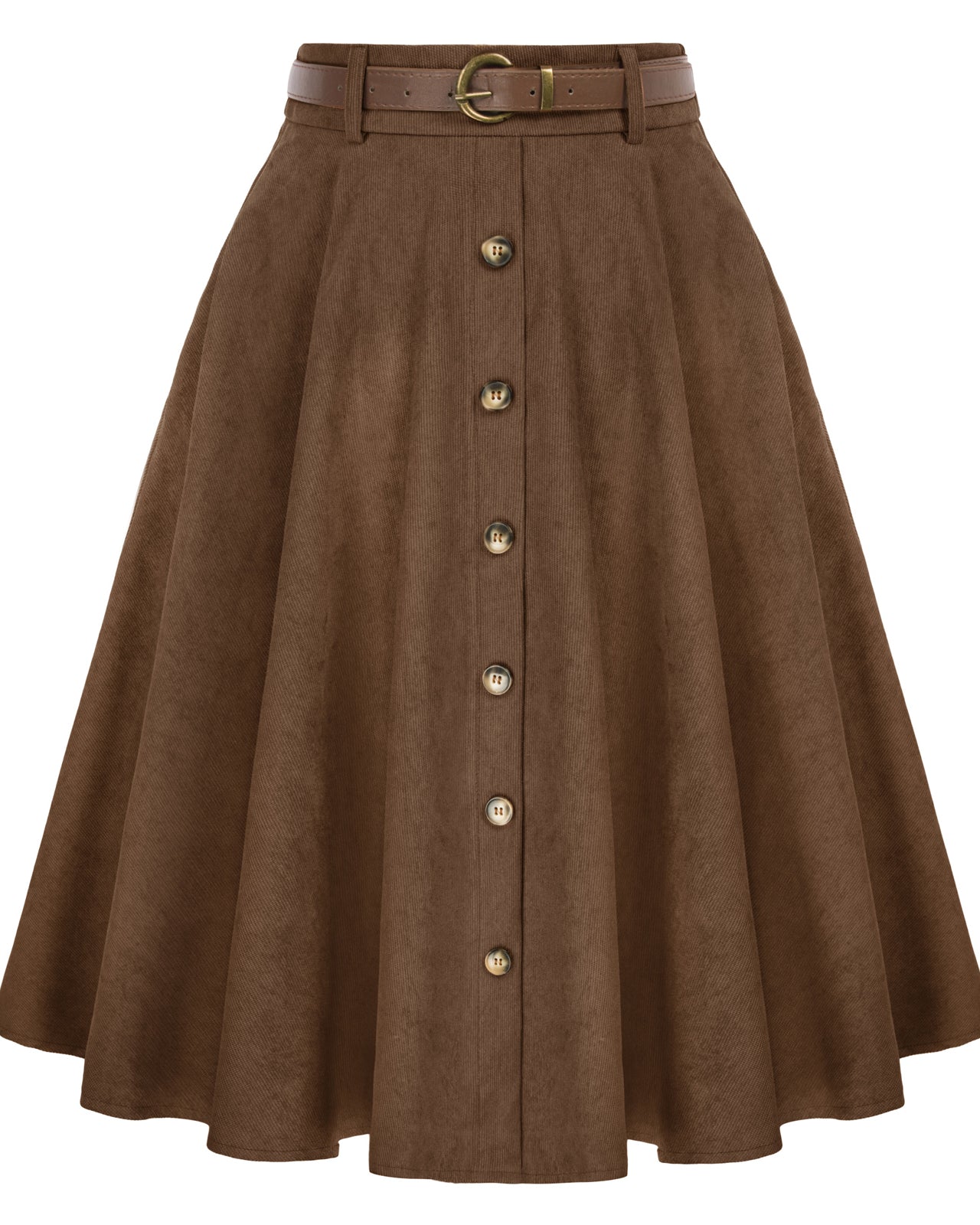 belle poque Corduroy Skirt with Belt Elastic High Waist Mid-Calf Swing Skirt Brown
