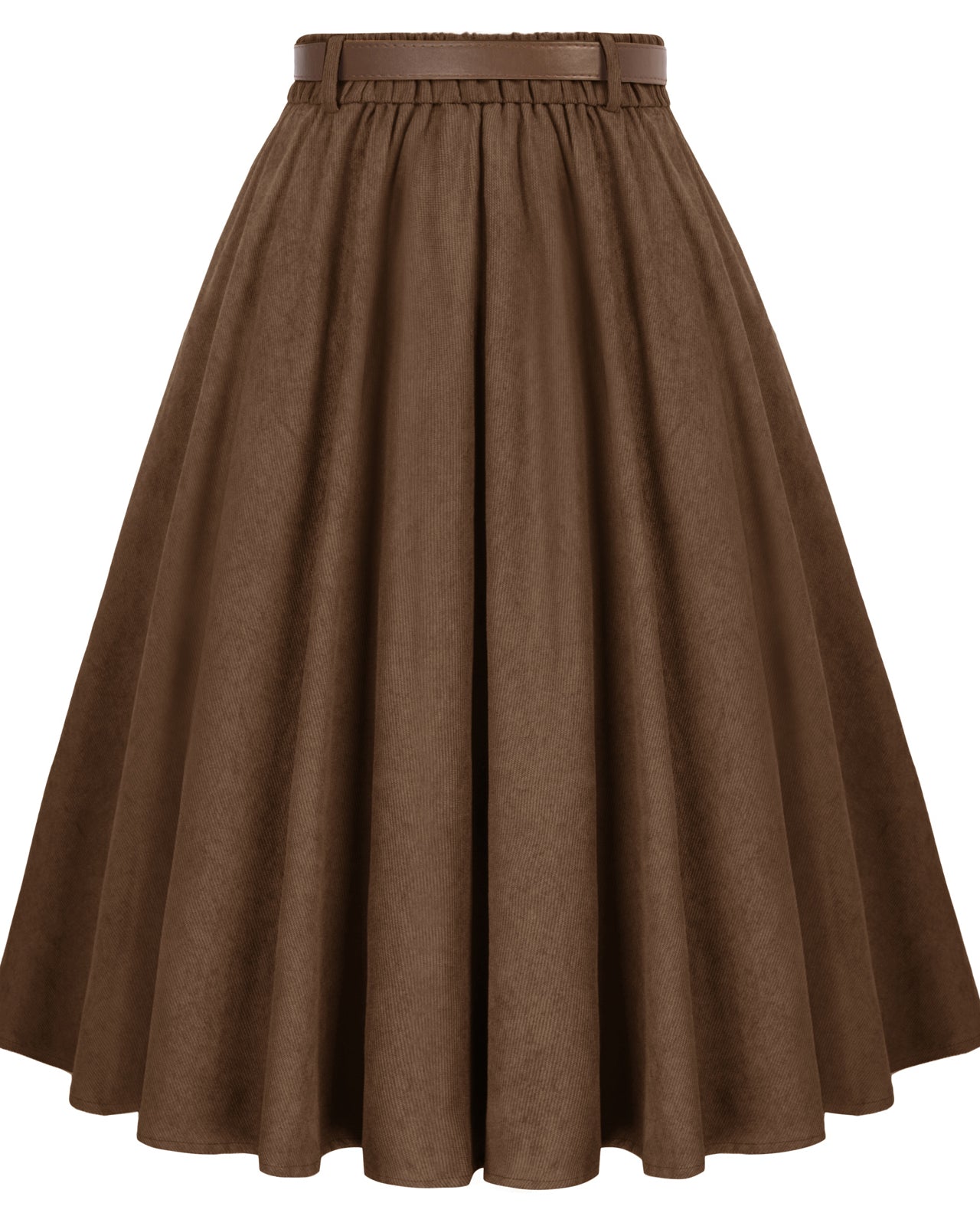 belle poque Corduroy Skirt with Belt Elastic High Waist Mid-Calf Swing Skirt