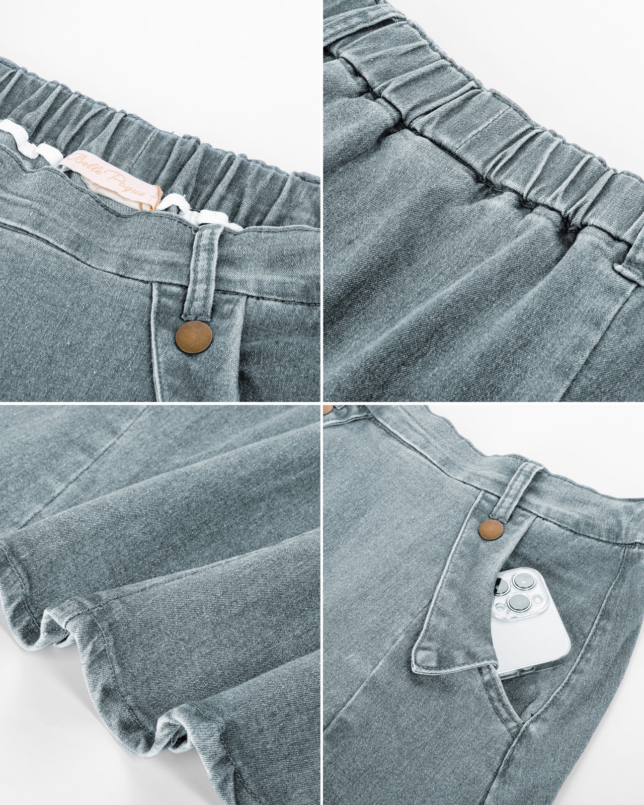 belle poque Denim Skirts Knee Length Vintage Elastic High Waist A-Line Midi Jean Skirts with Pockets