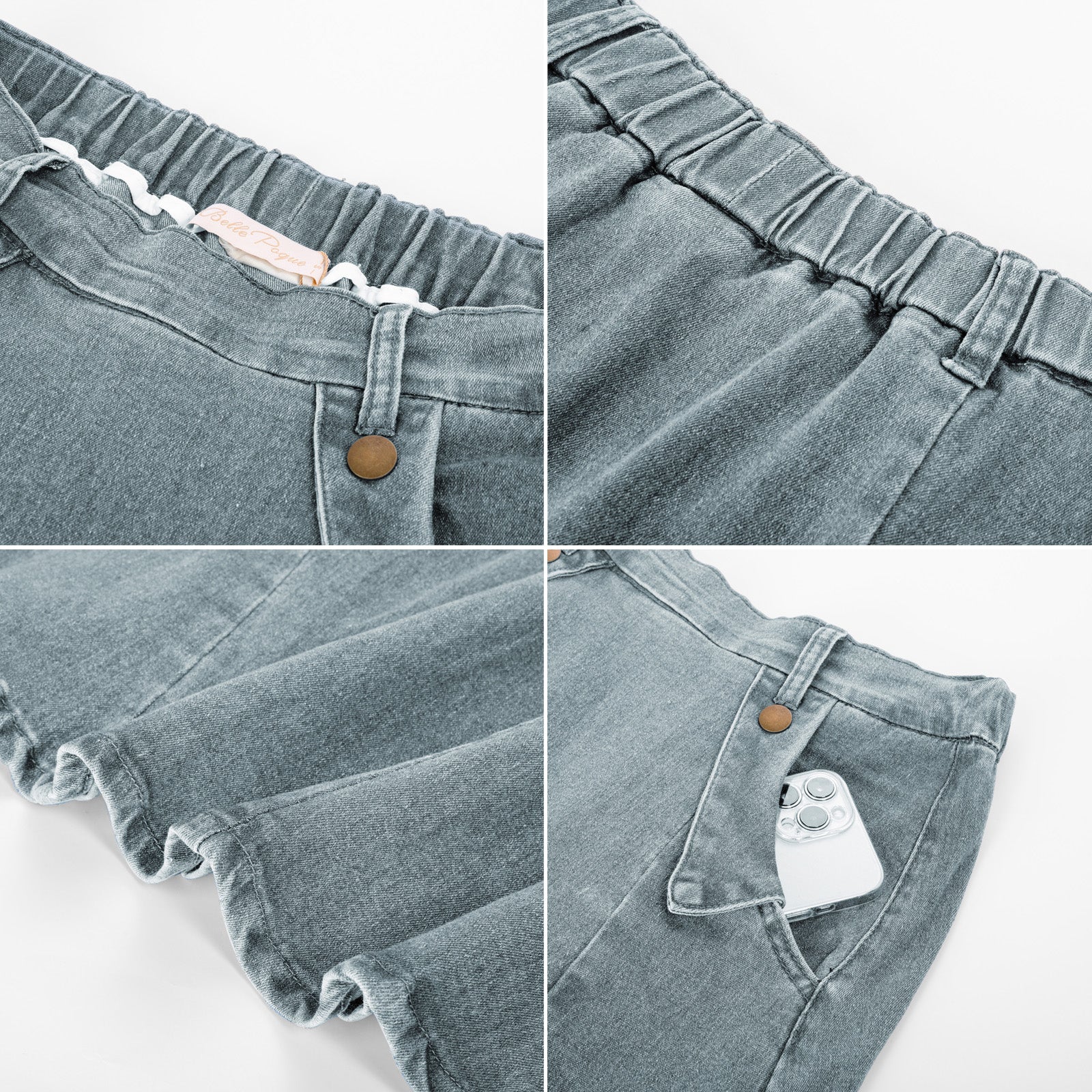 belle poque Denim Skirts Knee Length Vintage Elastic High Waist A-Line Midi Jean Skirts with Pockets