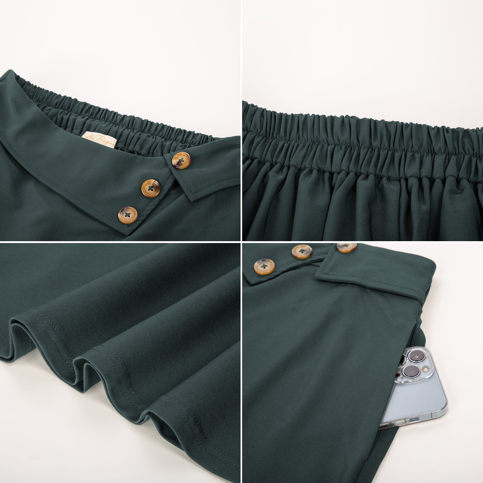 belle poque Vintage A-Line Skirt High Waisted Midi Skirt with Pockets & Buttons