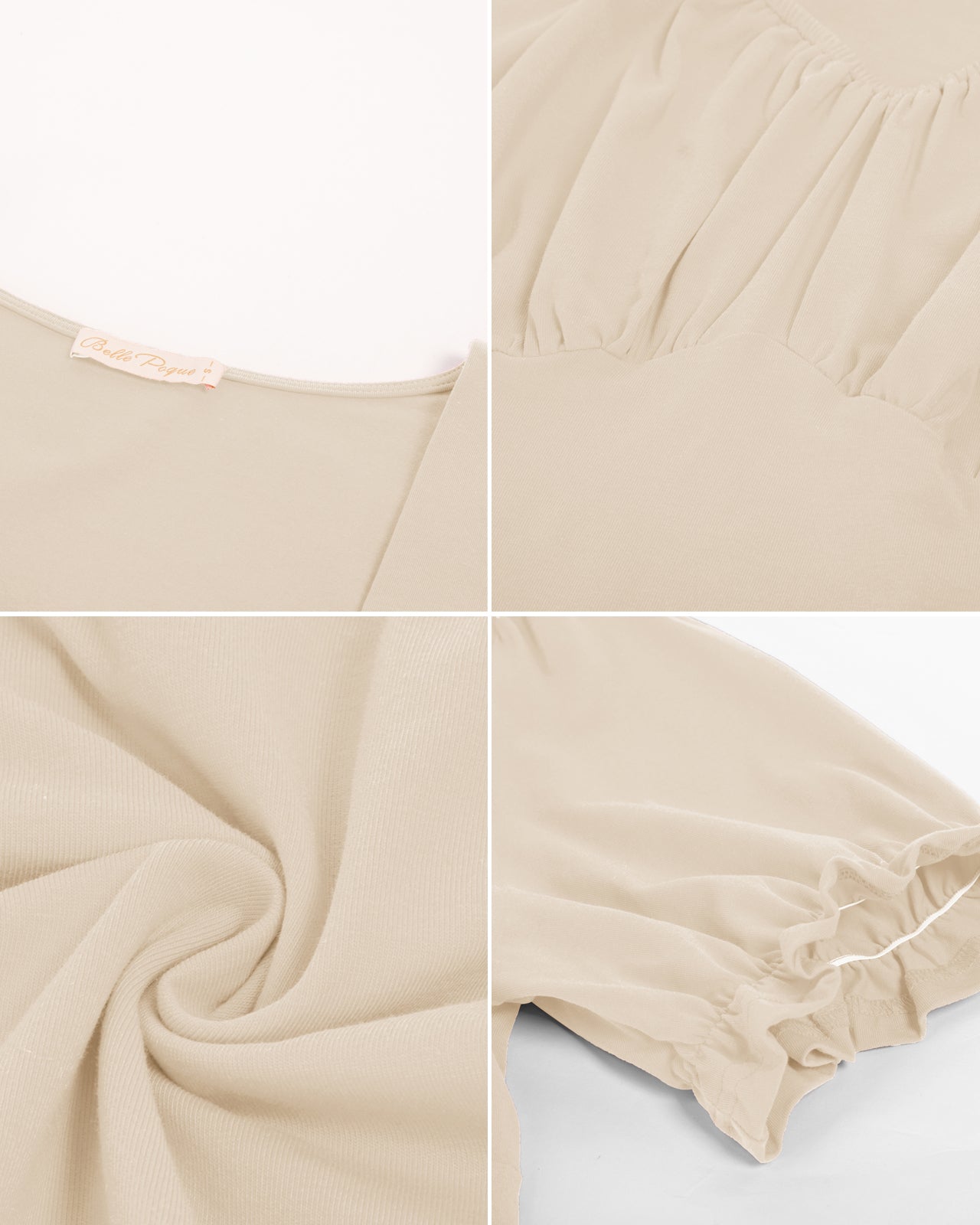belle poque Solid Color Cotton Tops Slim Fit Puffed Short Sleeve Ruched Tops
