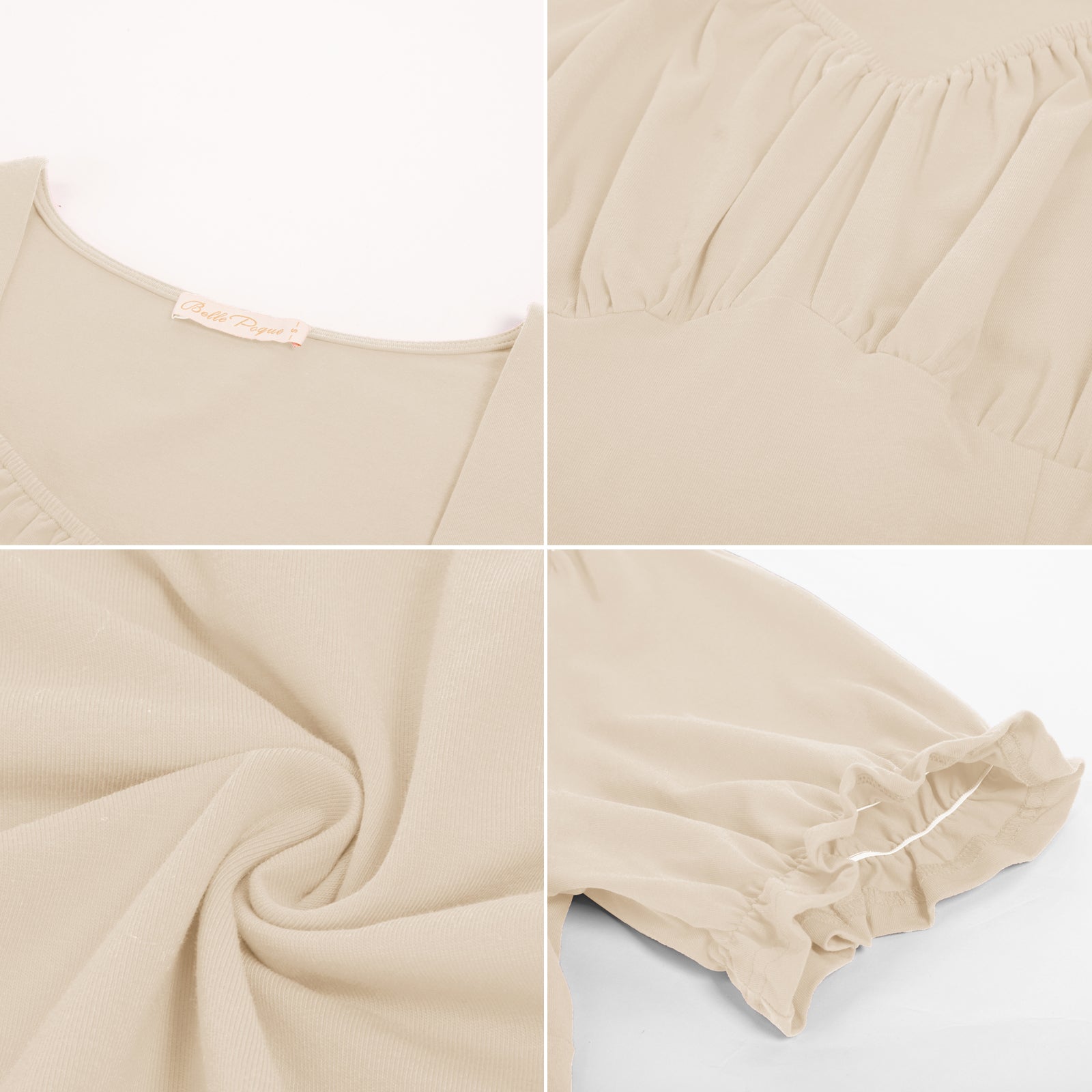 belle poque Solid Color Cotton Tops Slim Fit Puffed Short Sleeve Ruched Tops