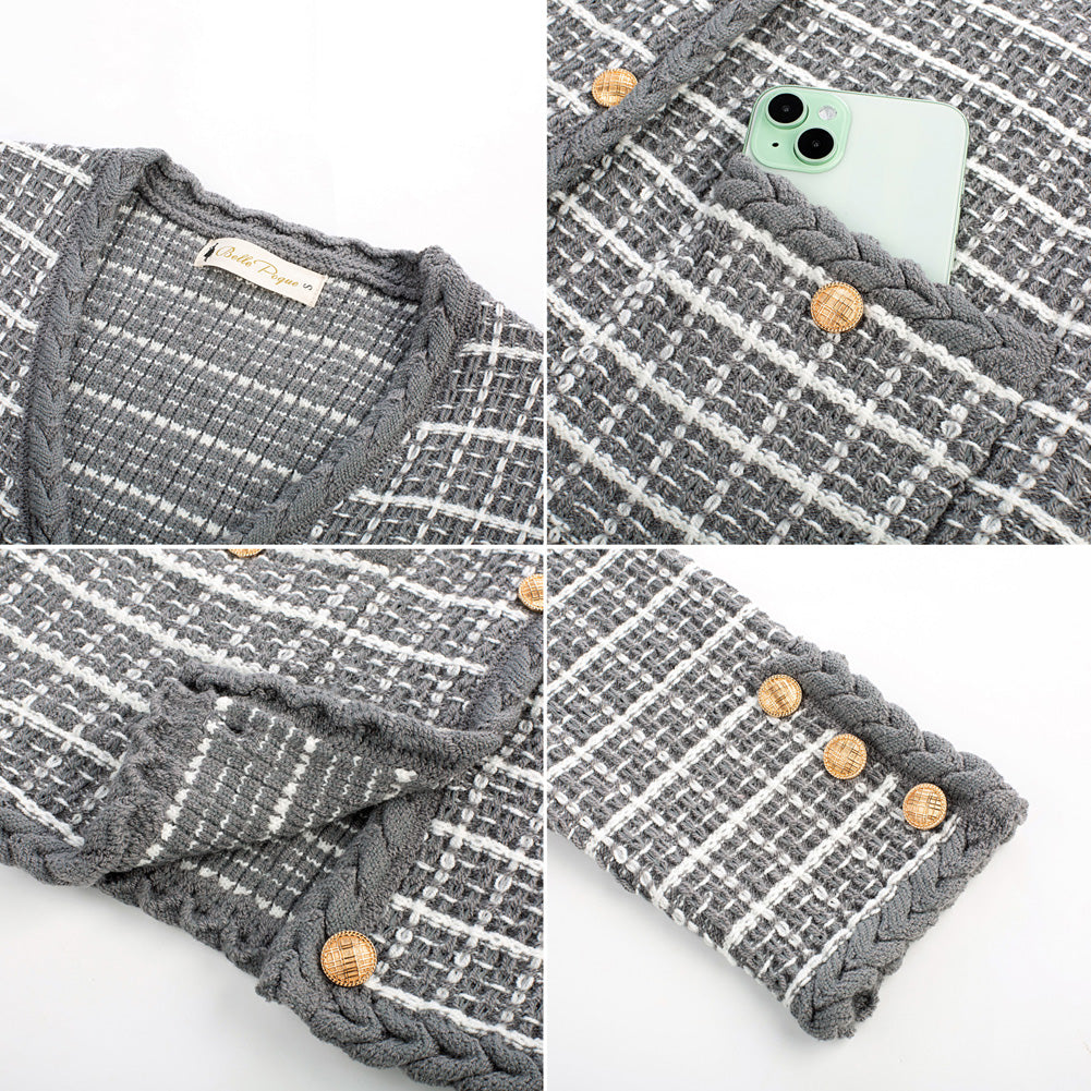 belle poque Contrast Color Cardigan Long Sleeve V-Neck Cable Knitted Sweater