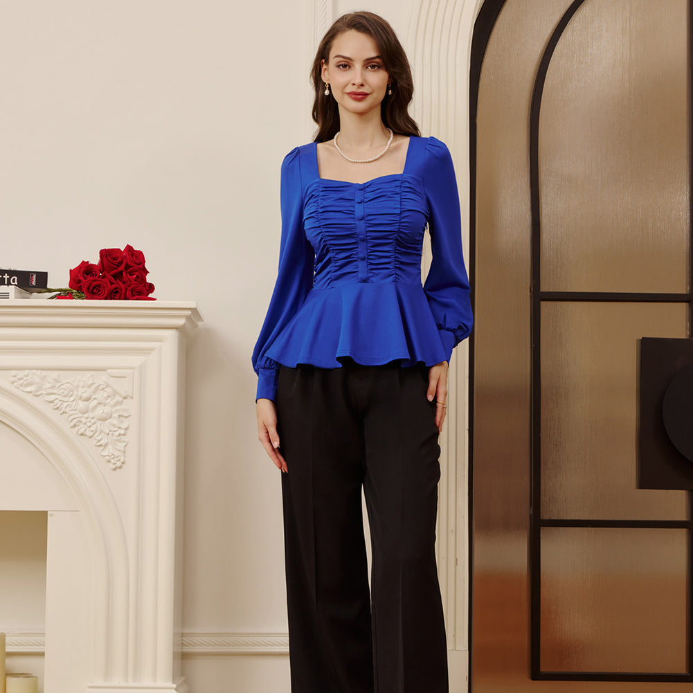 belle poque Women Vintage Ruched Tops Puffed Long Sleeve Peplum Hem Tops