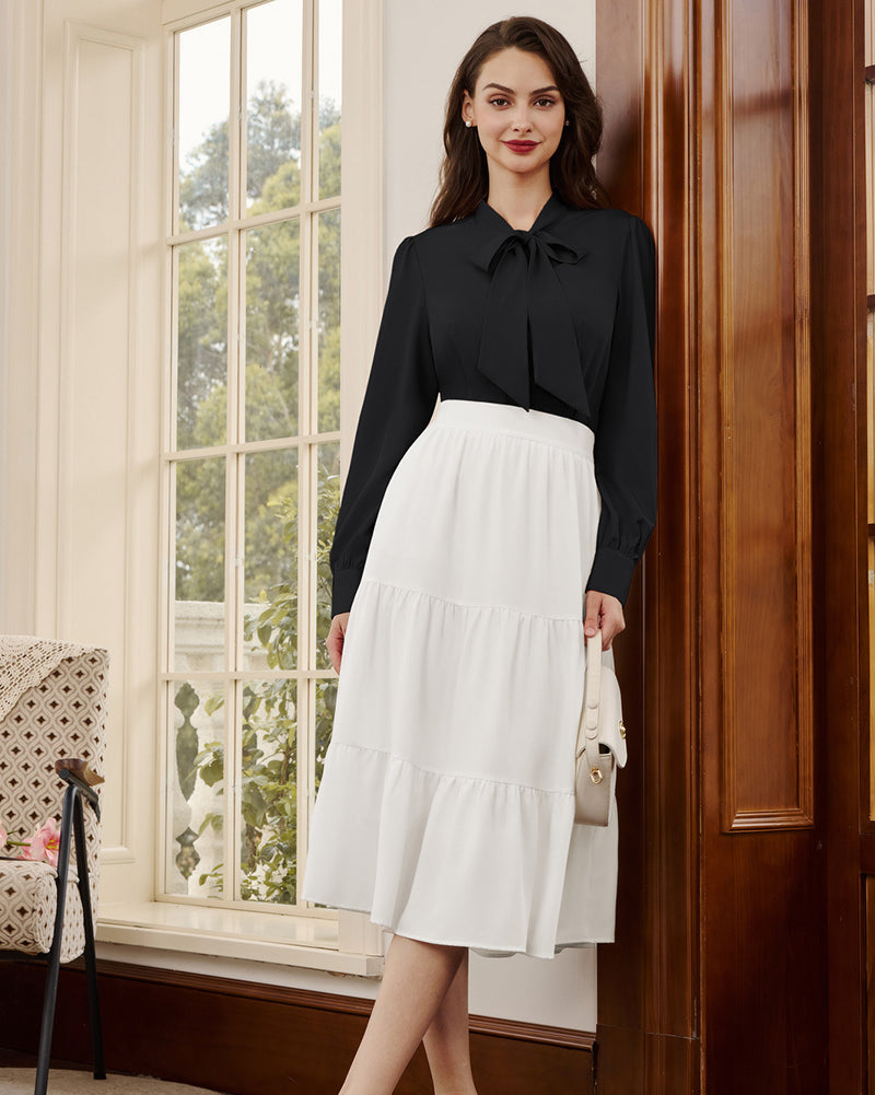 belle poque Women's Bow Tie Neck Blouse Button Down Shirt for Work Office Casual