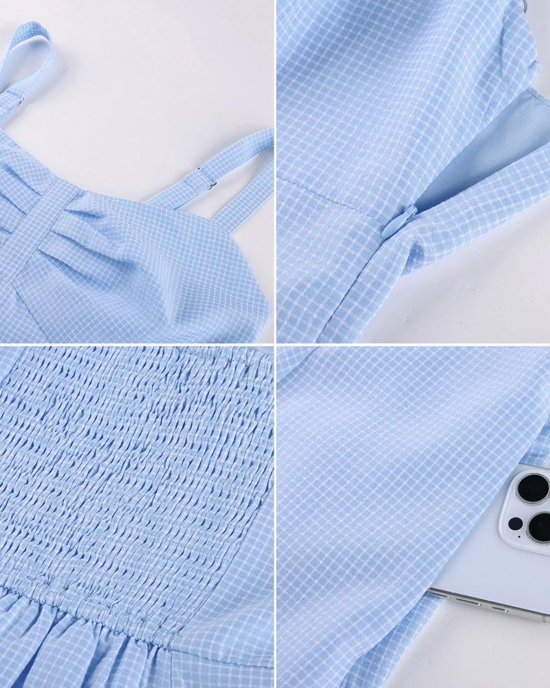 belle poque 1950s Vintage Gingham Dress for Women Sweetheart Neckline Dresses with Pockets