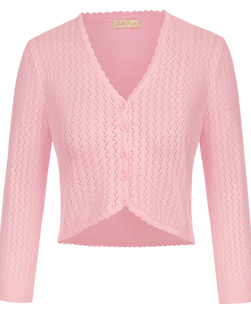 belle poque Hollowed-Out Cardigan 3/4 Sleeve V-Neck Button-up Cropped Knitwear Pink