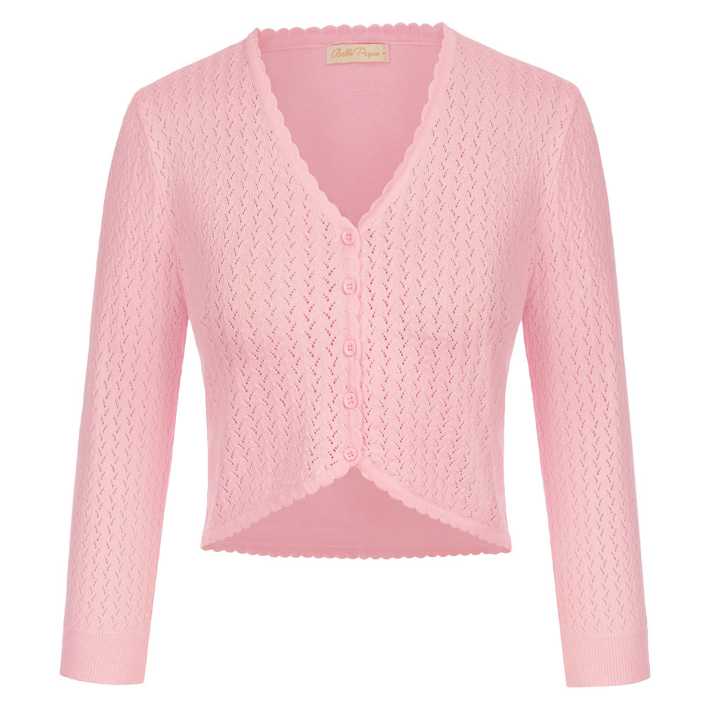 belle poque Hollowed-Out Cardigan 3/4 Sleeve V-Neck Button-up Cropped Knitwear Pink