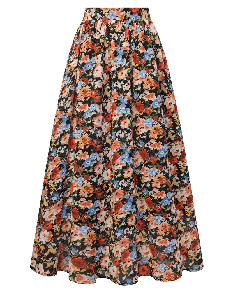 belle poque Women Summer Vacation Swing Floral Skirt Comfy A-Line Maxi Skirt Black