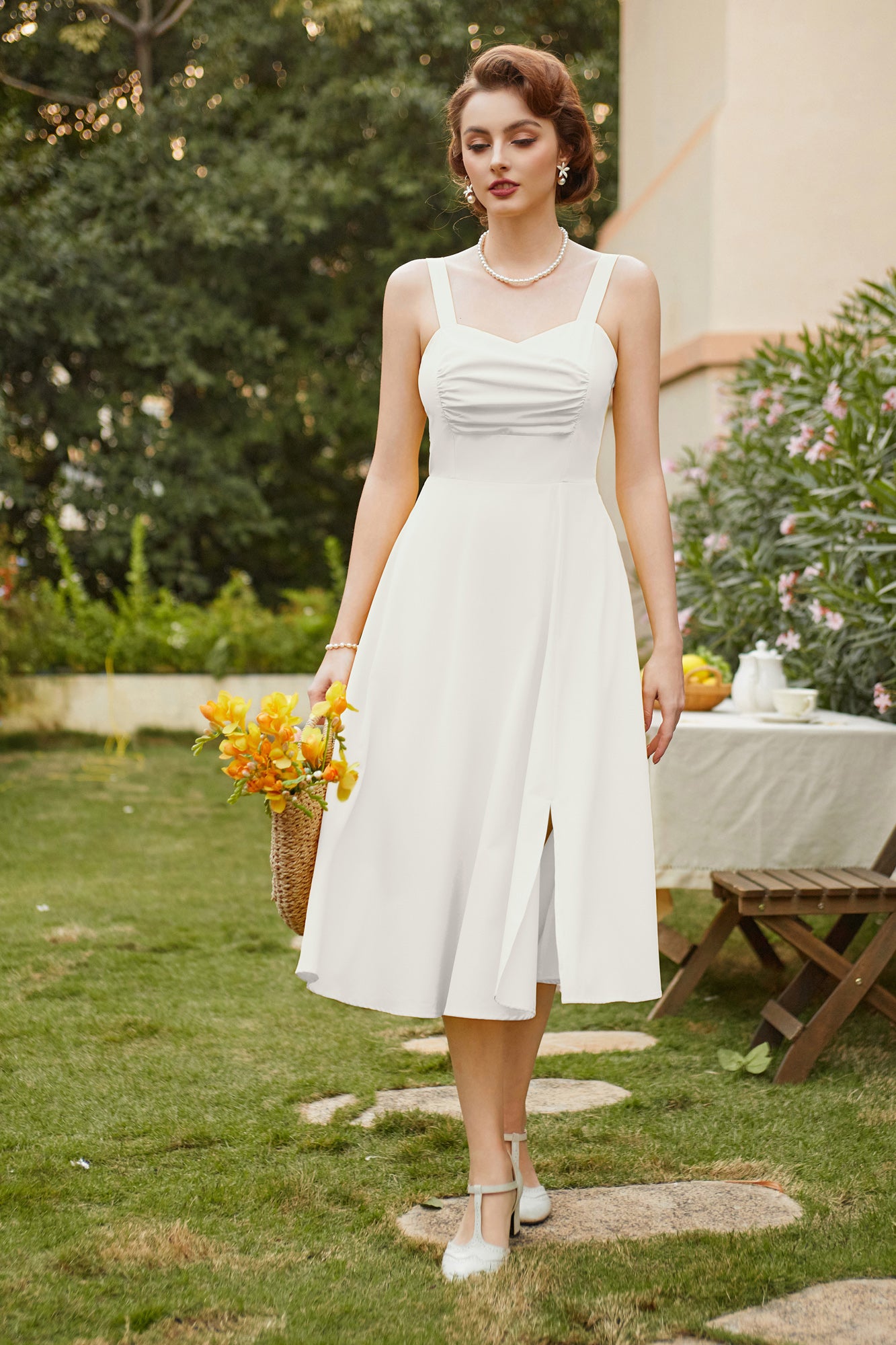 belle poque Vintage Strawberry Patterns Cocktail Dress Sleeveless Spaghetti Strap Ruched Slit A Line Swing Dress with Pockets