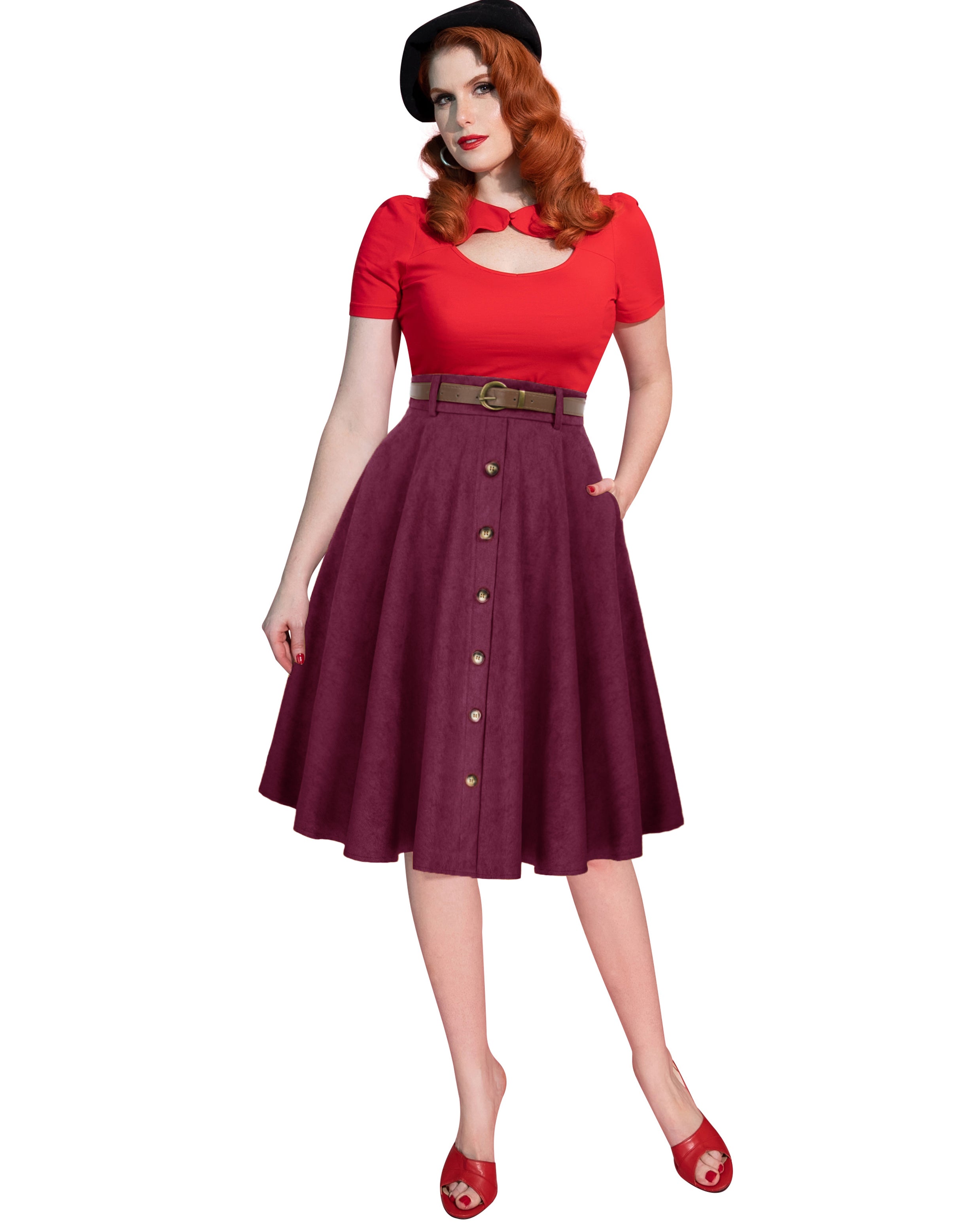 belle poque Corduroy Skirt with Belt Elastic High Waist Mid-Calf Swing Skirt