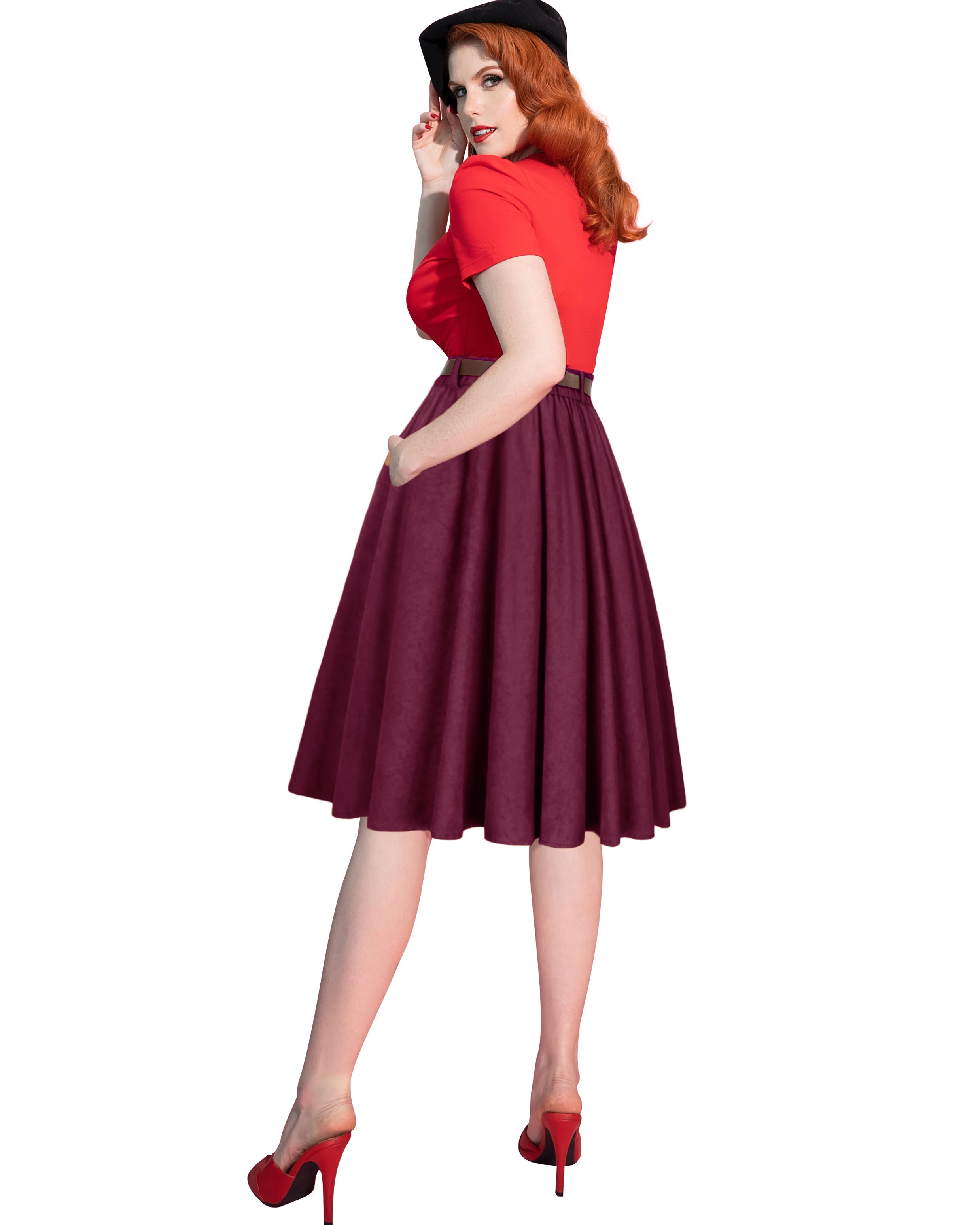 belle poque Corduroy Skirt with Belt Elastic High Waist Mid-Calf Swing Skirt