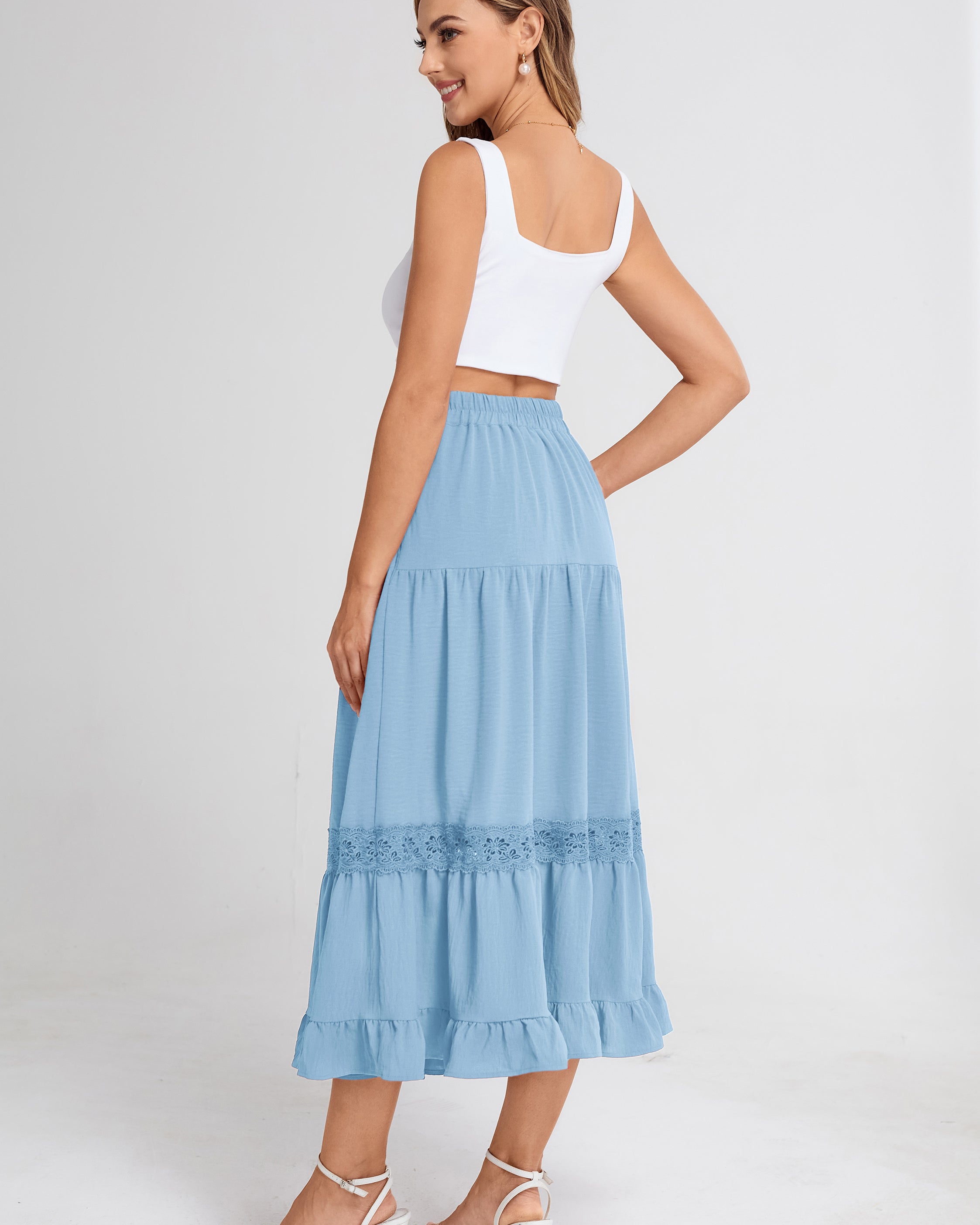 belle poque Women's Midi Skirt Boho Flowy Aline Ruffle Lace Tiered Skirt with Pockets 2025