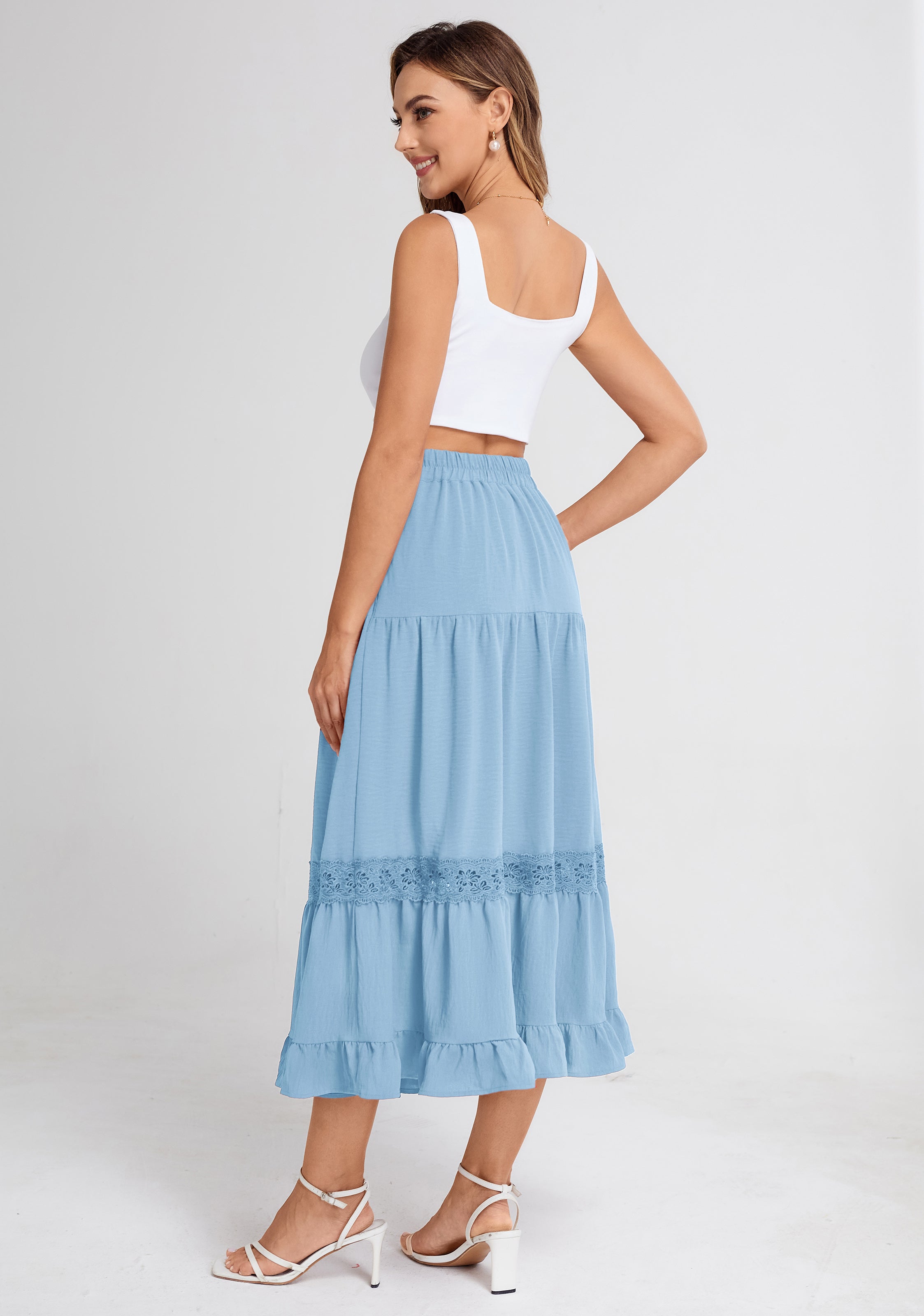 belle poque Women Vintage Tiered Swing Skirt Elastic Waist Ruffled Hem Mid-Calf Skirt