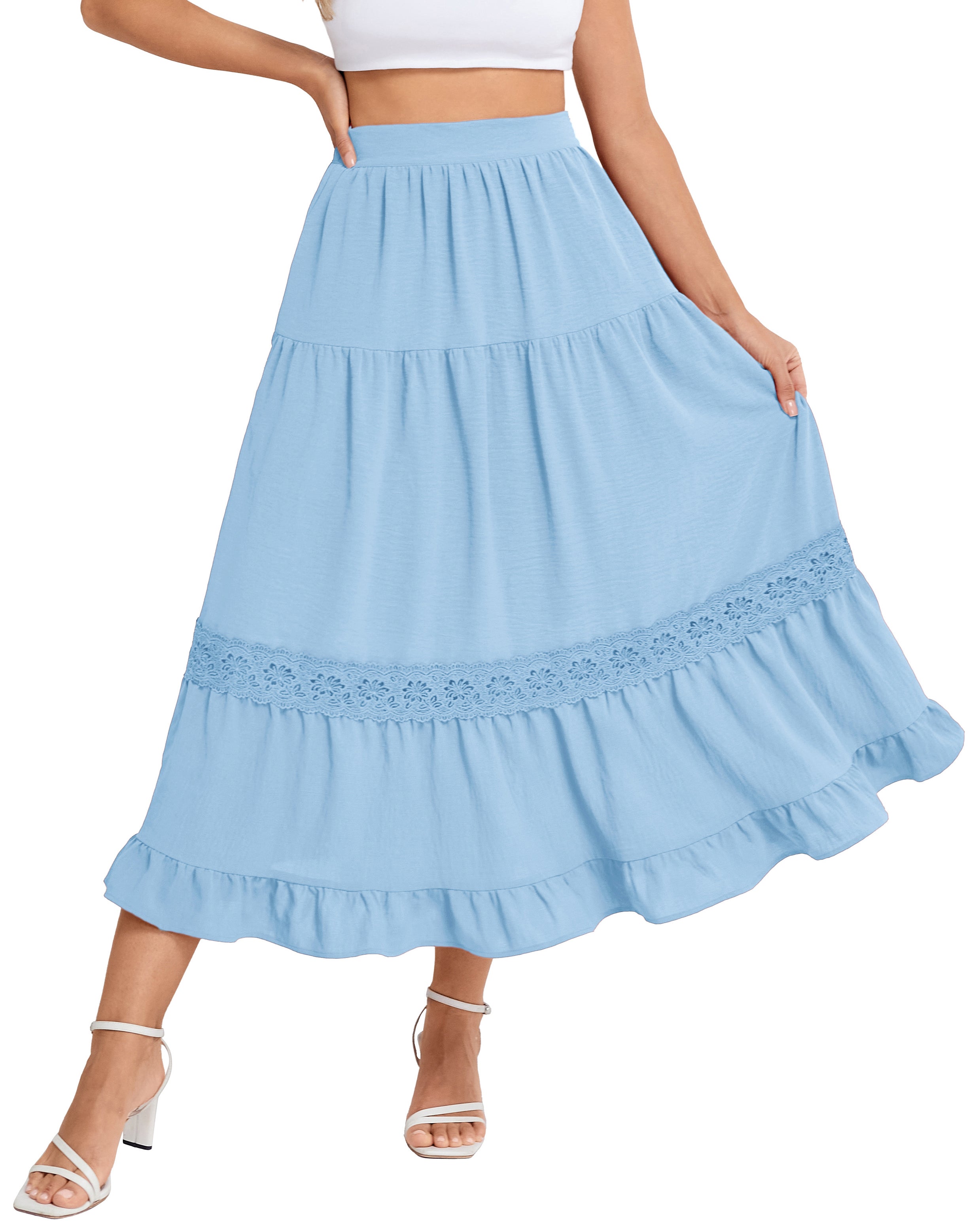 belle poque Women's Midi Skirt Boho Flowy Aline Ruffle Lace Tiered Skirt with Pockets 2025