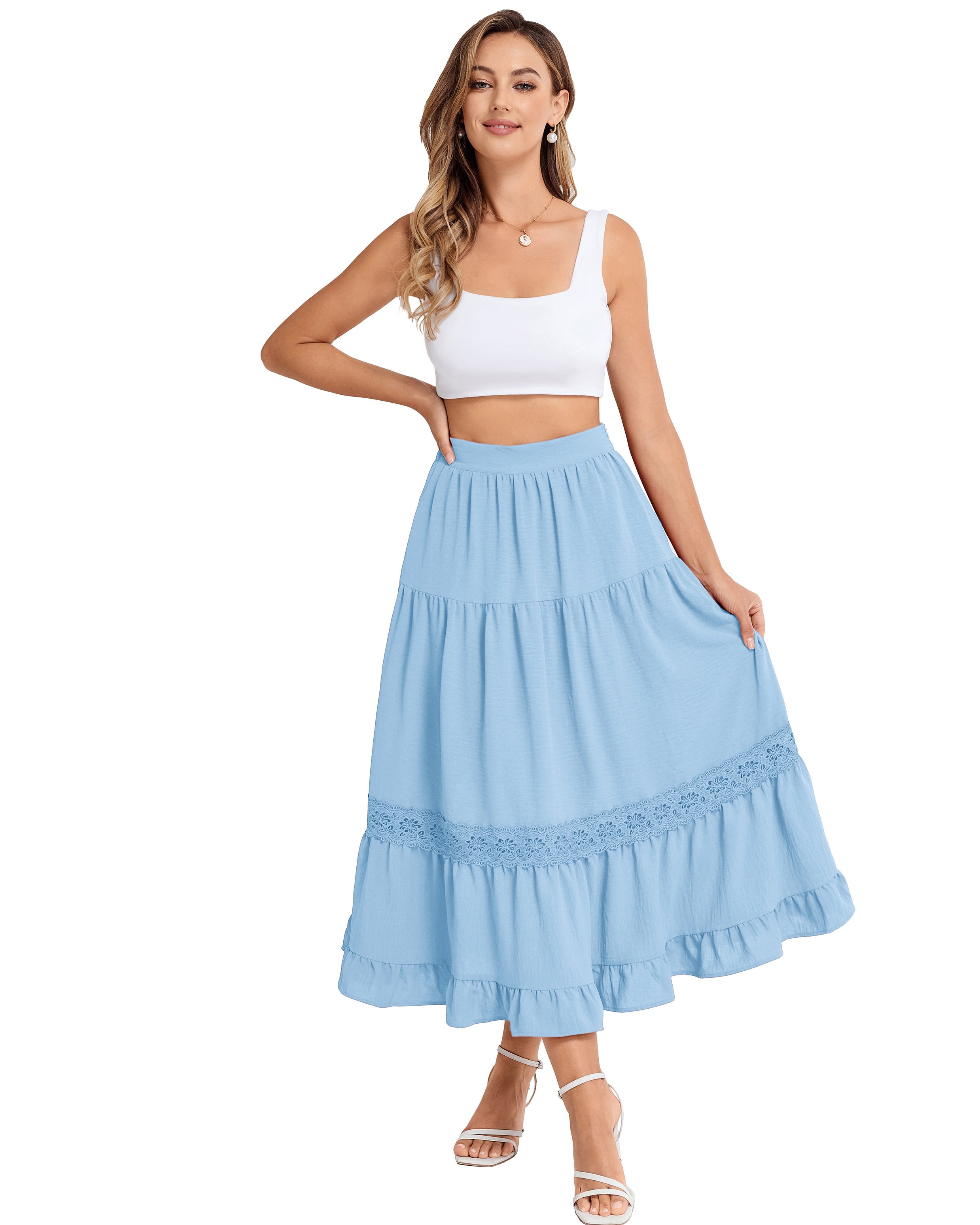 belle poque Women's Midi Skirt Boho Flowy Aline Ruffle Lace Tiered Skirt with Pockets 2025