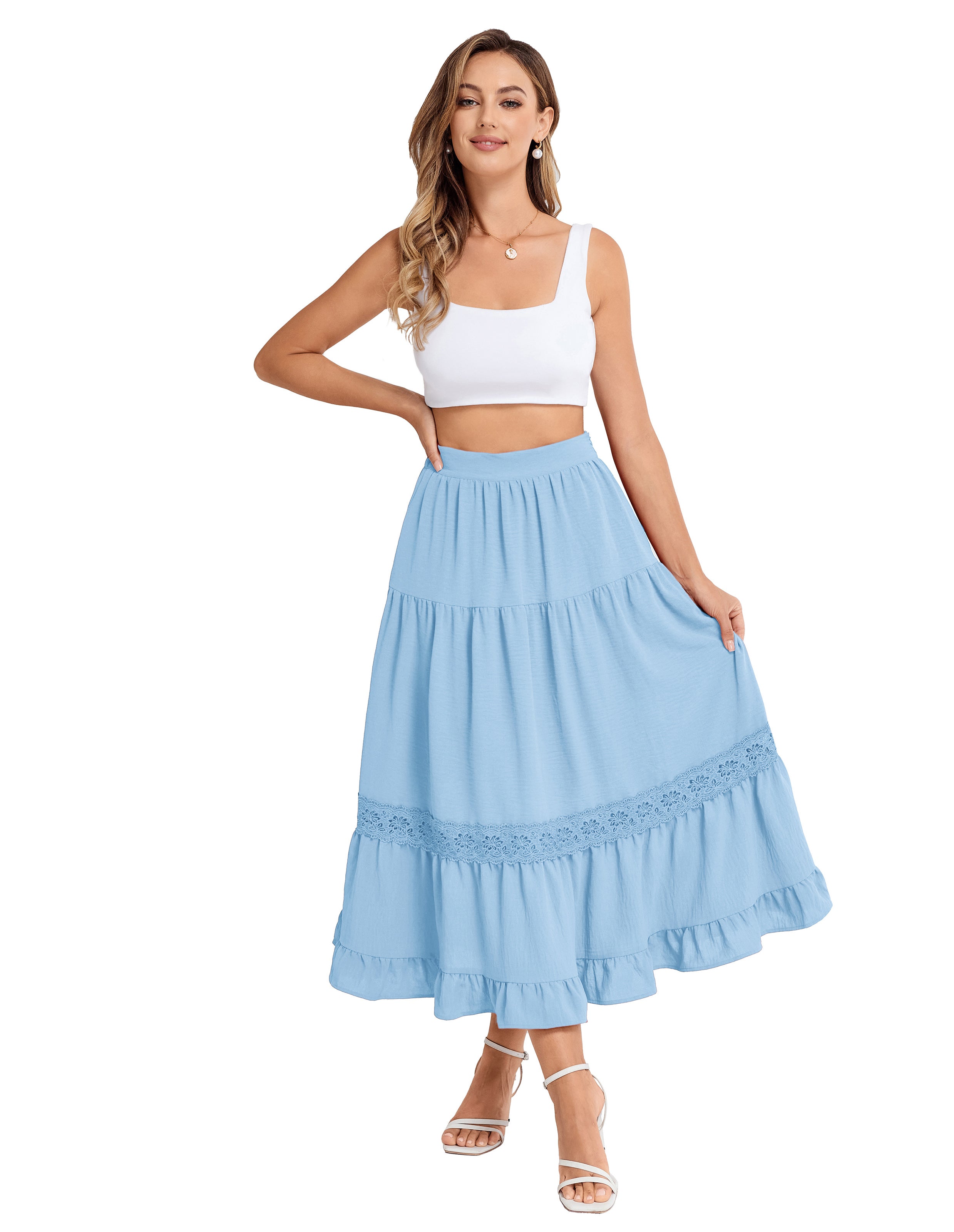 belle poque Women Vintage Tiered Swing Skirt Elastic Waist Ruffled Hem Mid-Calf Skirt