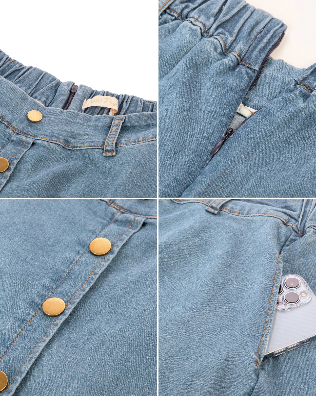 belle poque Jean Skirt with Belt Elastic High Waist A-Line Midi Skirt