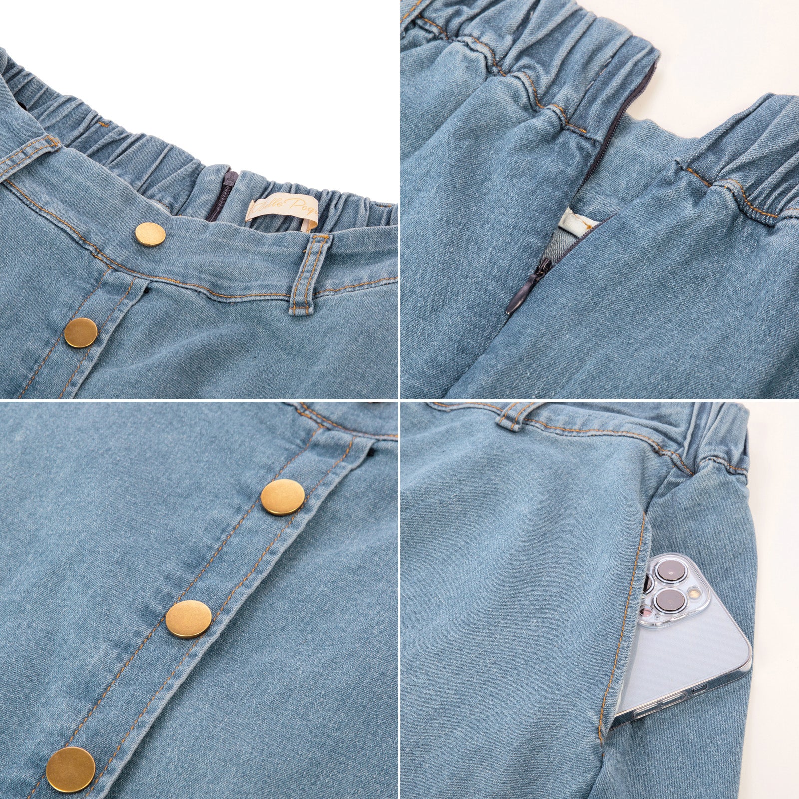 belle poque Jean Skirt with Belt Elastic High Waist A-Line Midi Skirt