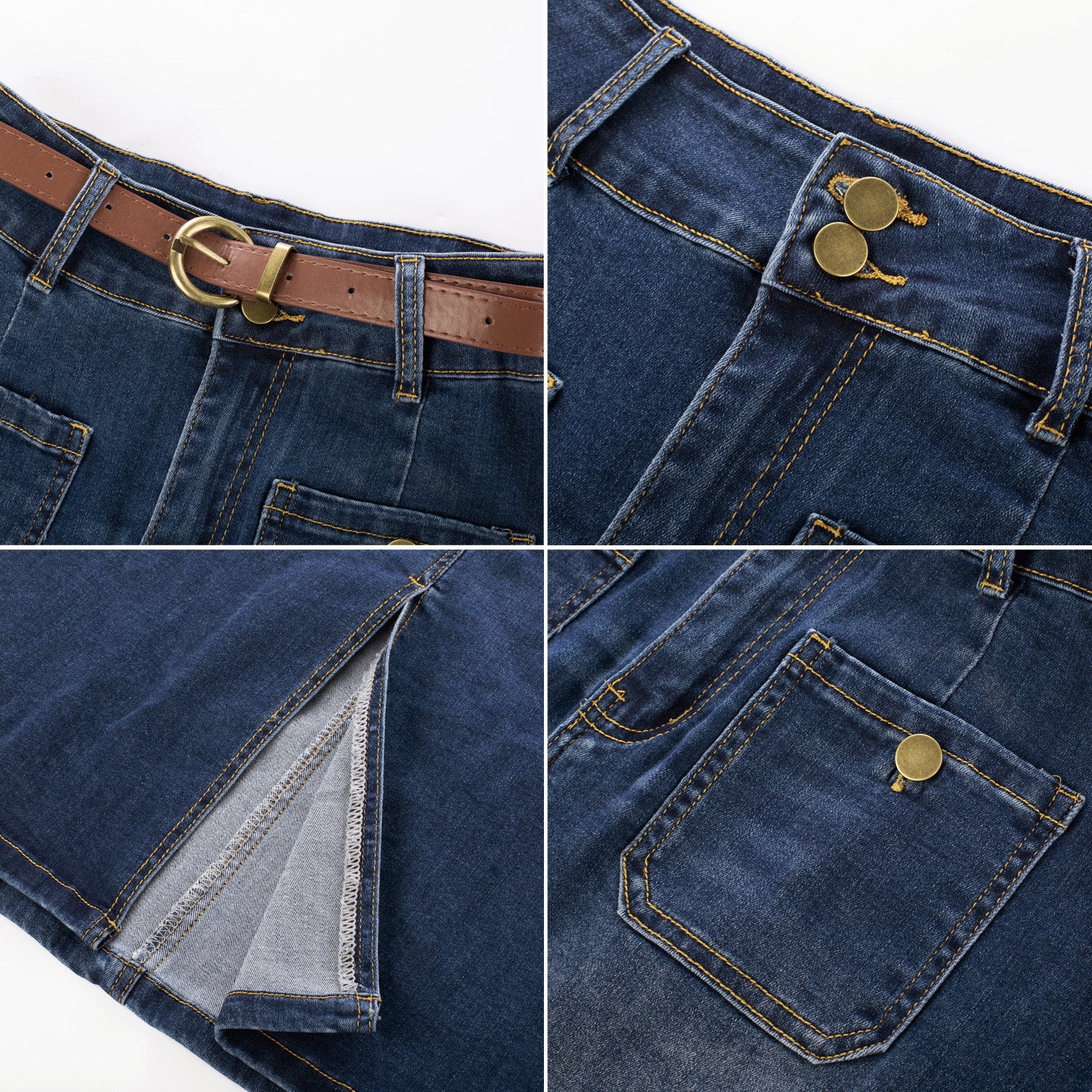 belle poque Denim Skirt with Belt Knee Length High Waisted Jean Skirts for Women