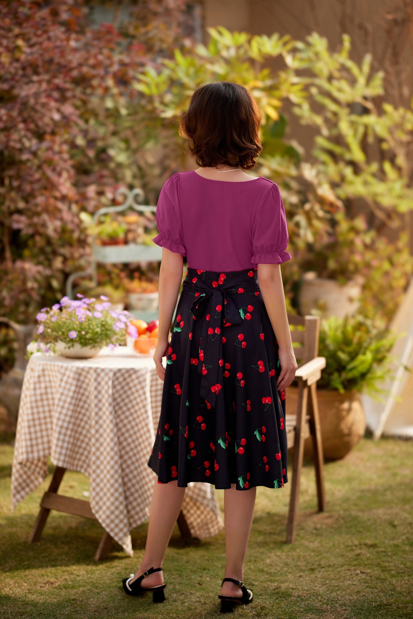 belle poque Solid Color Cotton Tops Slim Fit Puffed Short Sleeve Ruched Tops