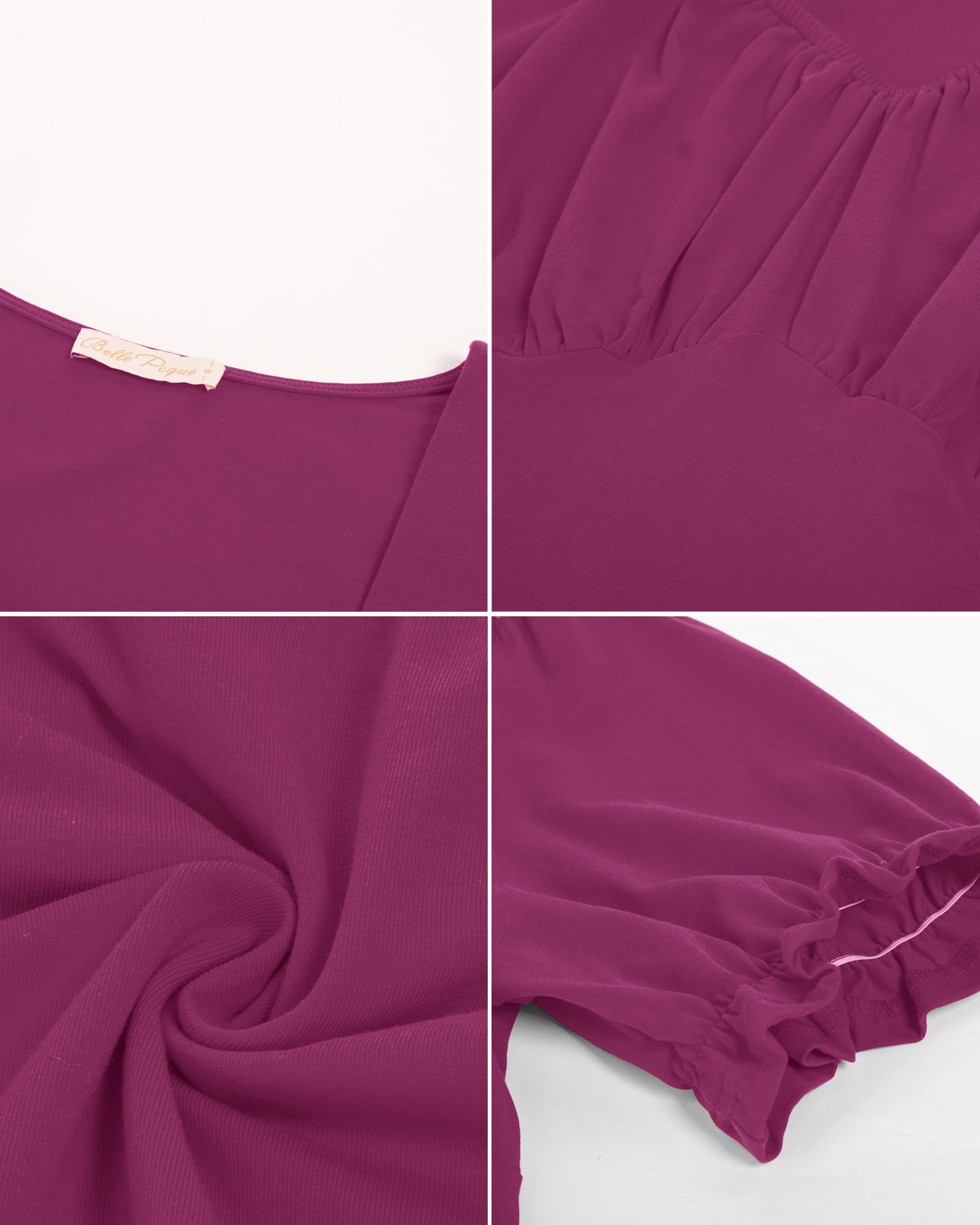 belle poque Solid Color Cotton Tops Slim Fit Puffed Short Sleeve Ruched Tops