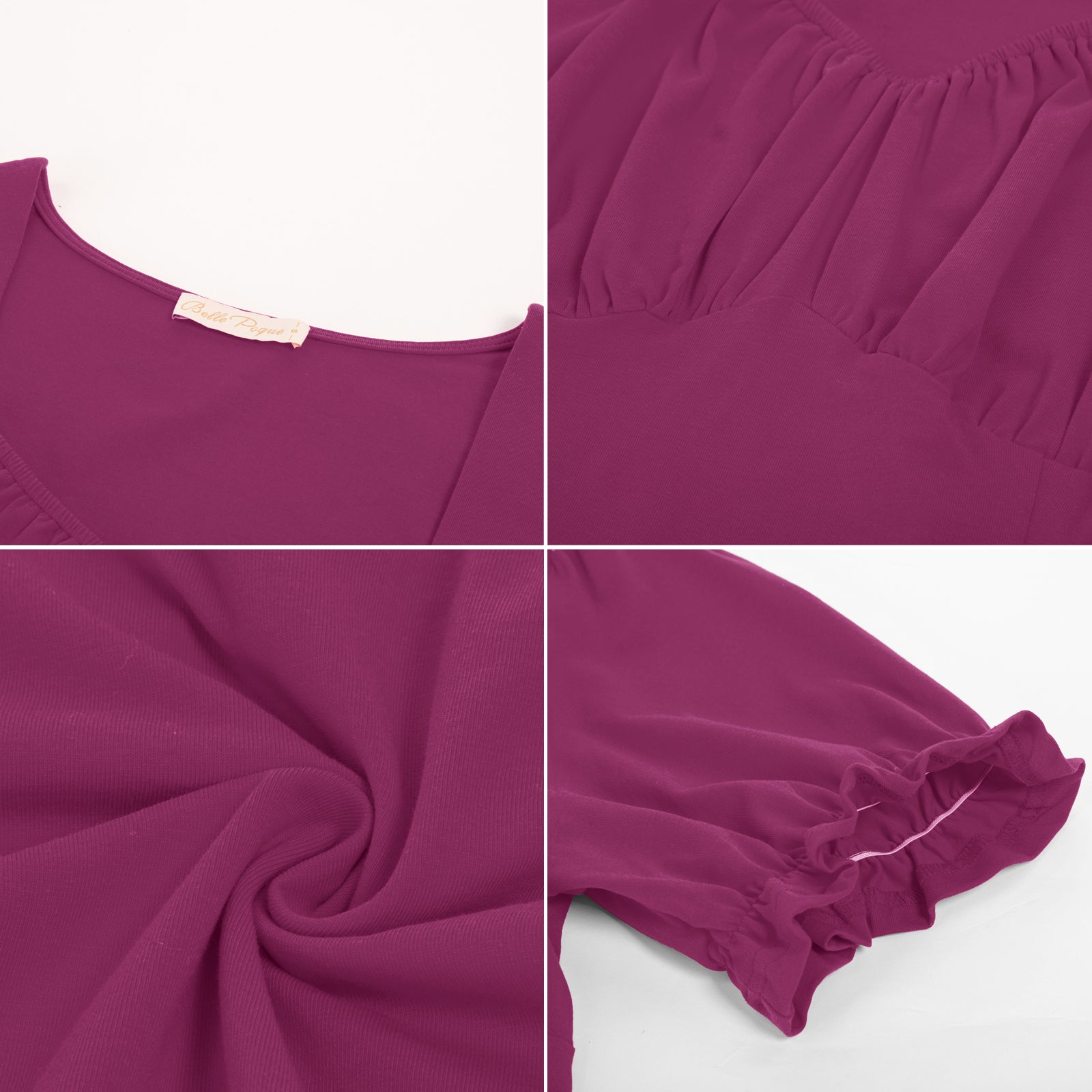 belle poque Solid Color Cotton Tops Slim Fit Puffed Short Sleeve Ruched Tops