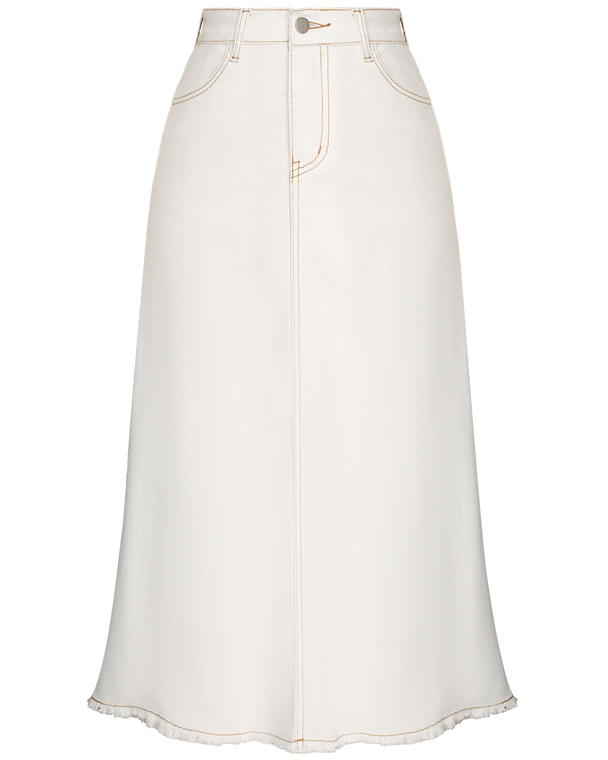 belle poque Multi-Pocket Jean Skirt Elastic High Waist Raw Hem Midi A-Line Skirt White