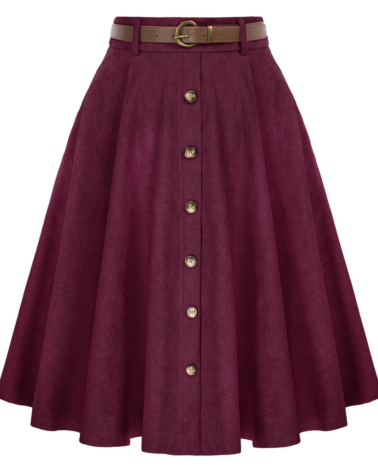 belle poque Corduroy Skirt with Belt Elastic High Waist Mid-Calf Swing Skirt Purple